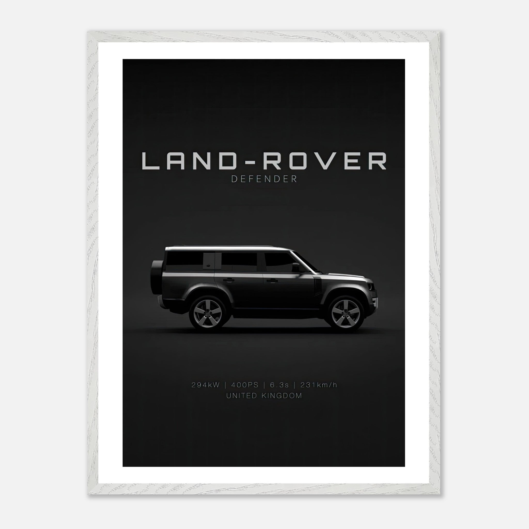 Vintage framed art featuring a Land Rover Defender in a minimalist design against a black background.