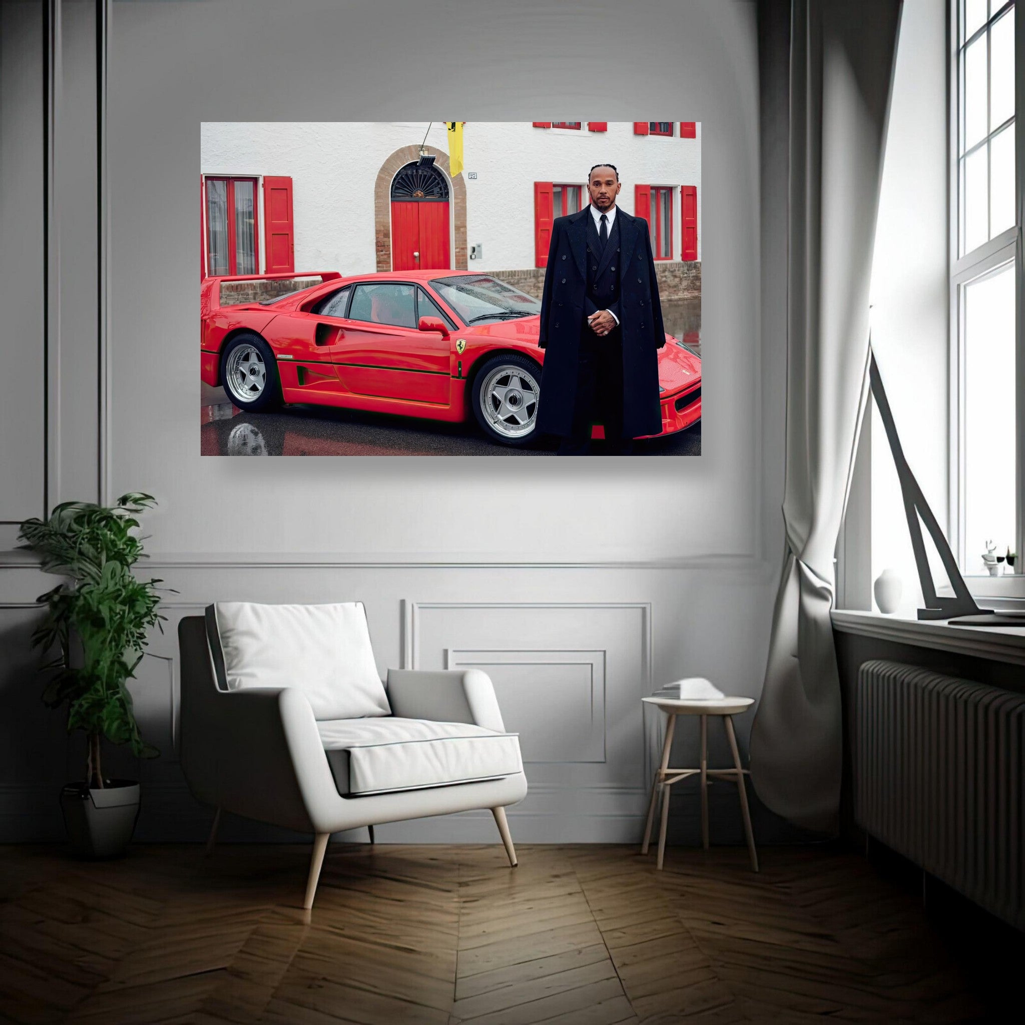 Lewis Hamilton standing beside a red Ferrari F40 in a stylish interior setting, showcasing luxury and automotive heritage.