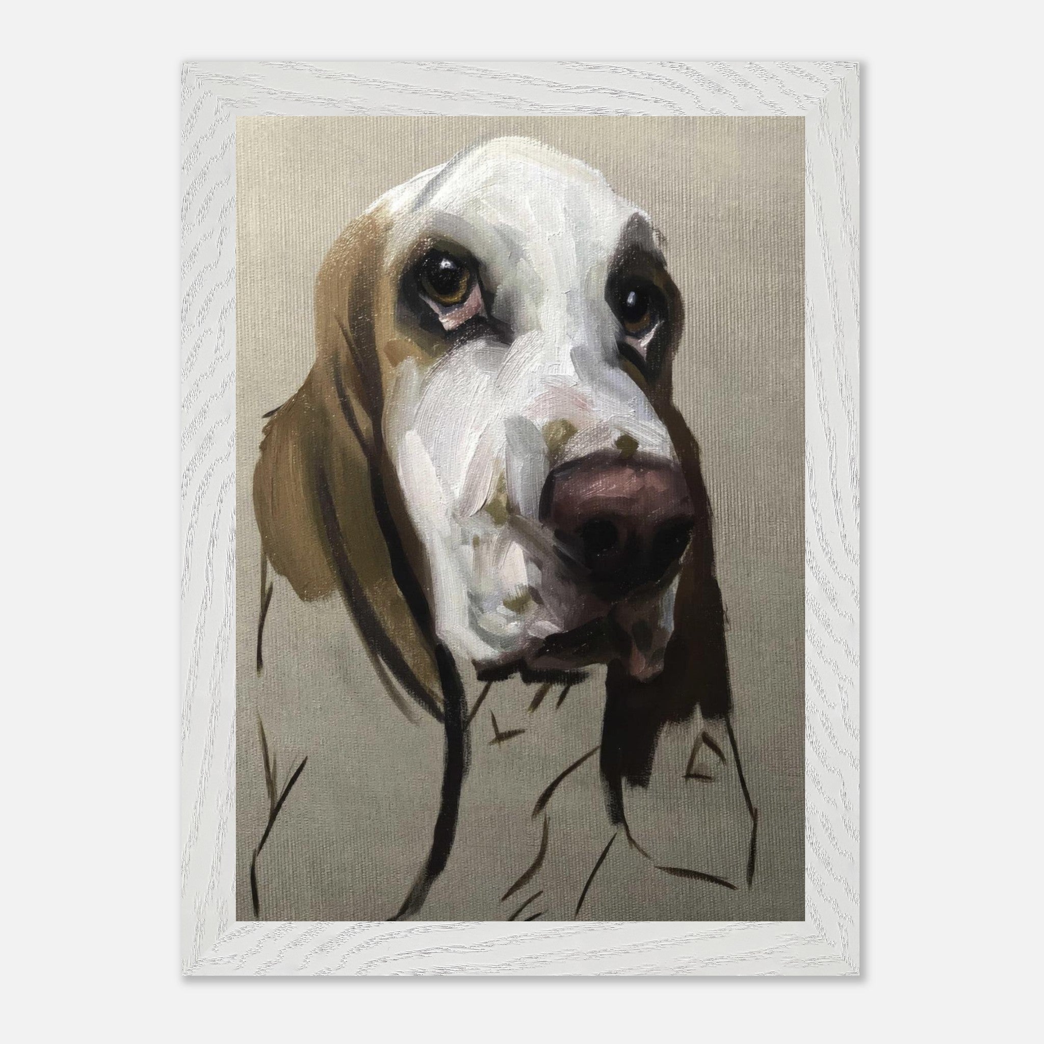 Basset Hound dog painting framed print showcasing expressive brushstrokes and soulful gaze.