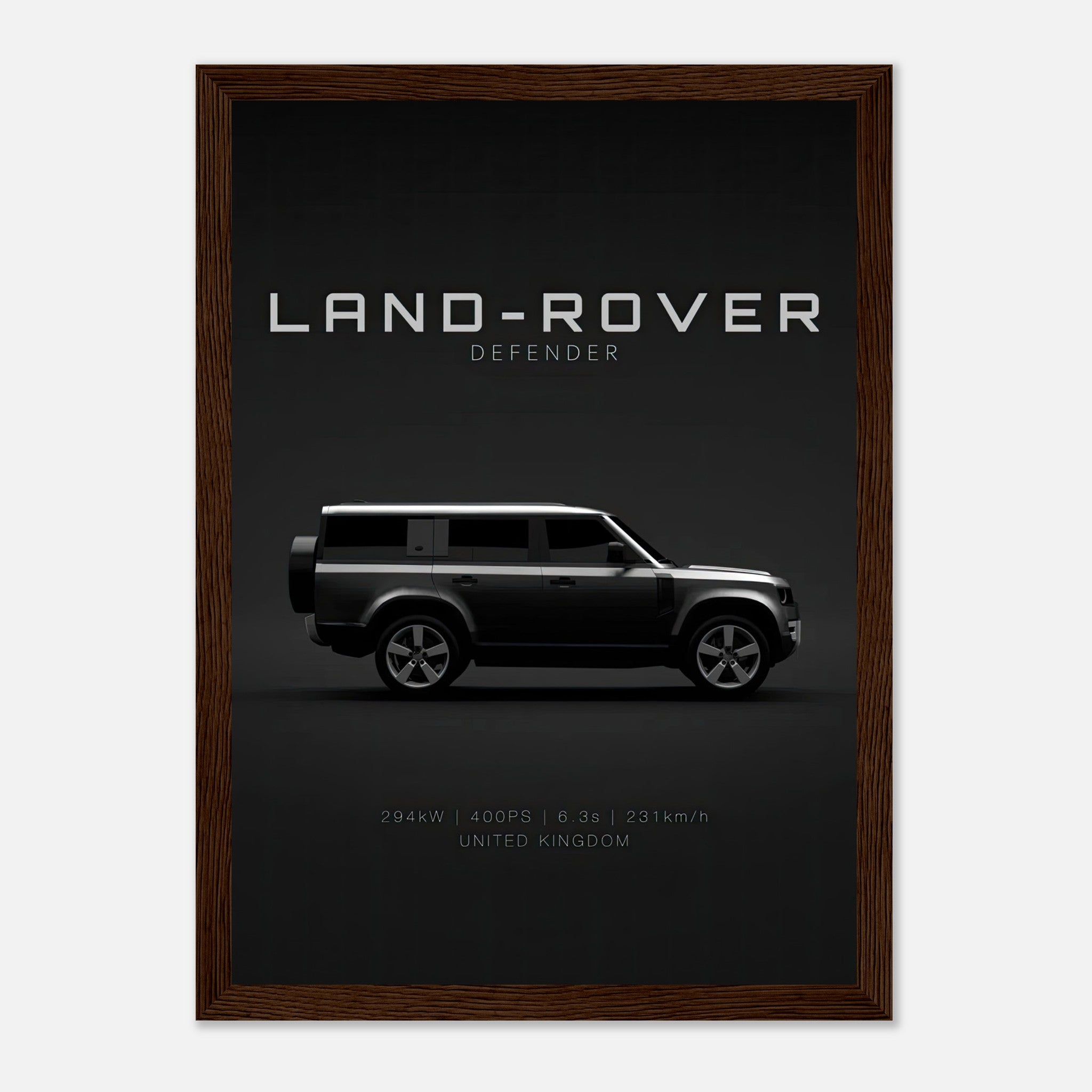 Framed print of Land Rover Defender featuring its side profile and key specifications on a dark background.