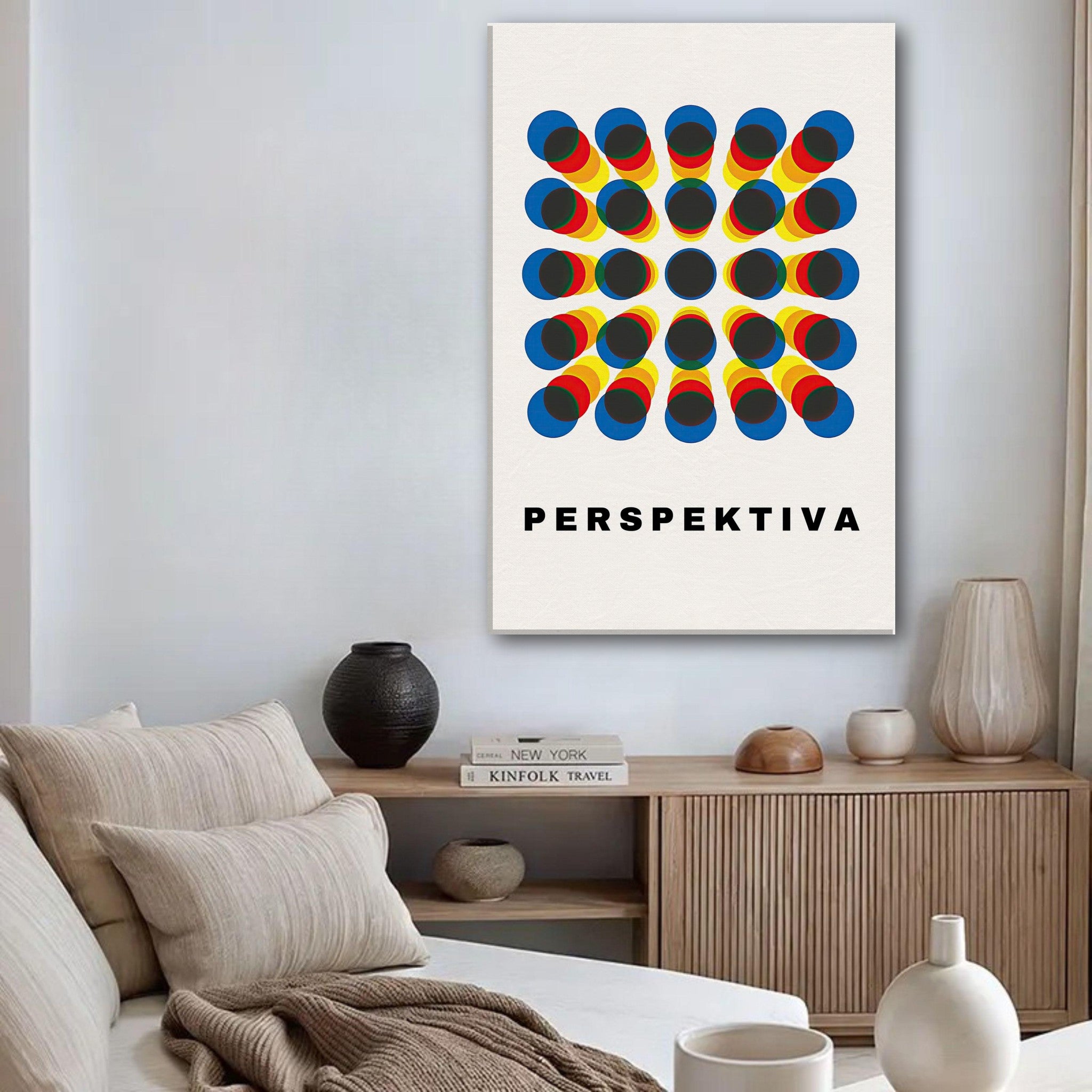 Perspective Abstract Art Canvas Print featuring bold geometric design and vibrant colors in a modern living space.