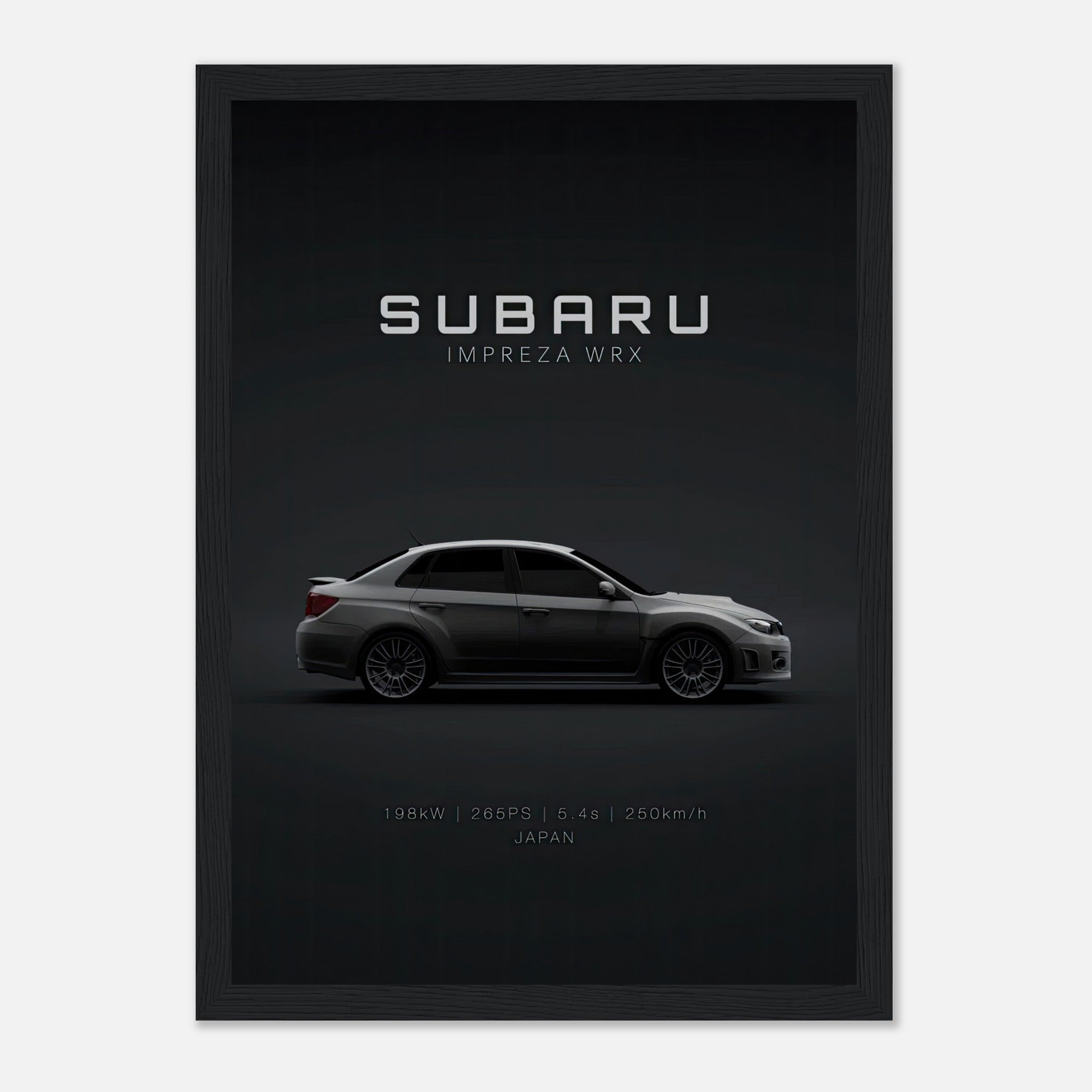 Subaru Impreza WRX framed poster featuring sleek design and performance details on a dark background.