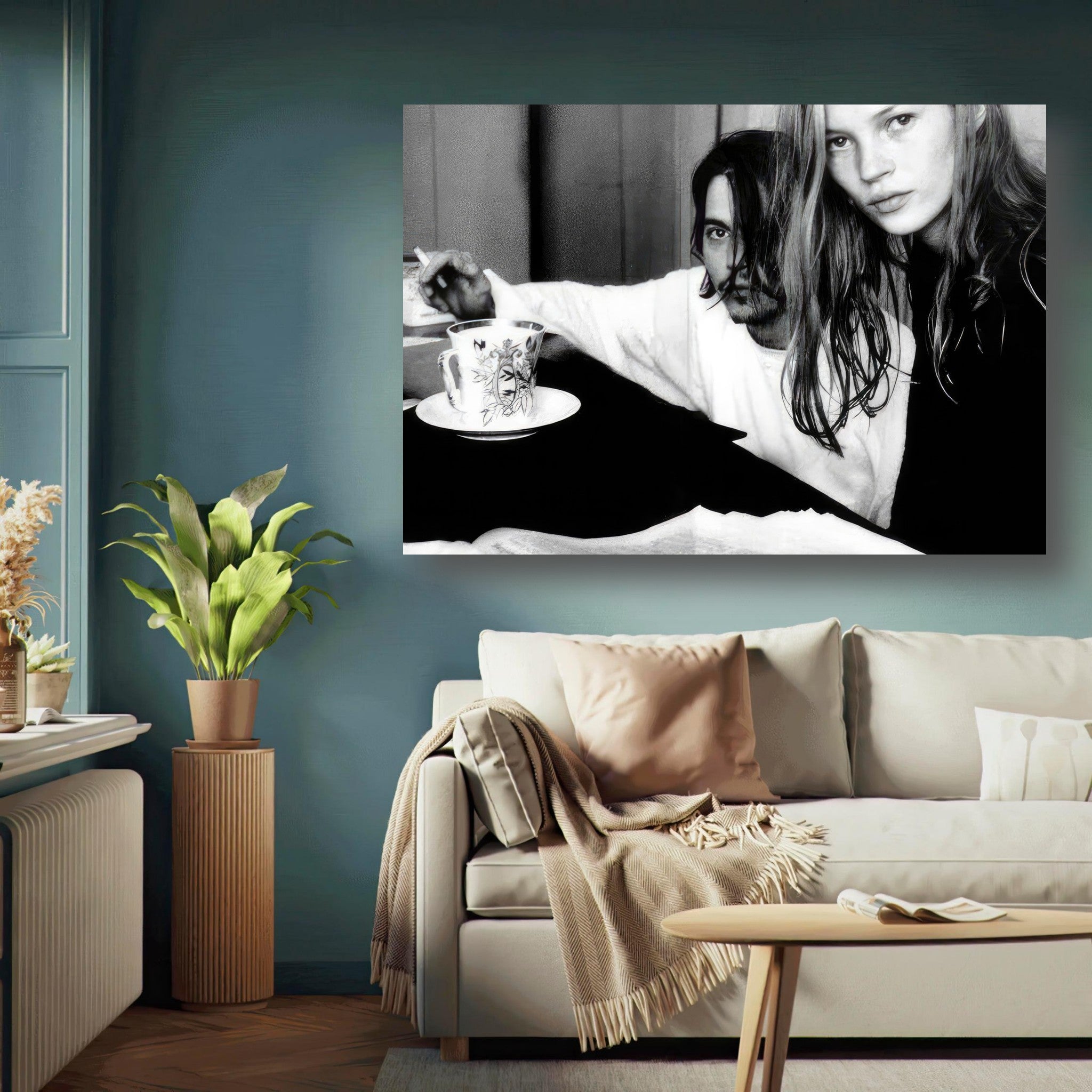 Rebel Romance metal print of Johnny Depp and Kate Moss in a candid black-and-white photo, capturing '90s cool.