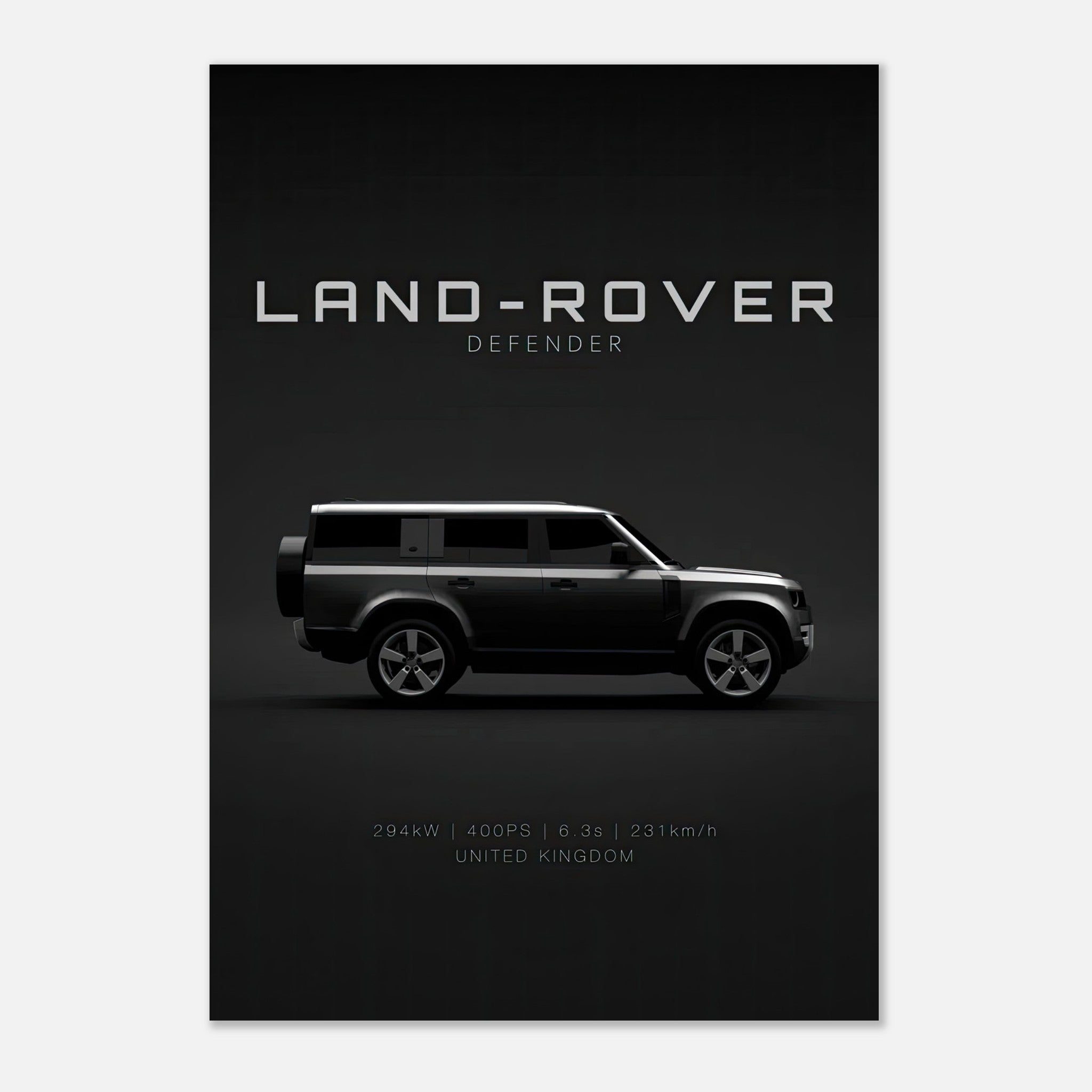 Land Rover Defender poster featuring sleek design against a dark backdrop, ideal for auto enthusiasts.
