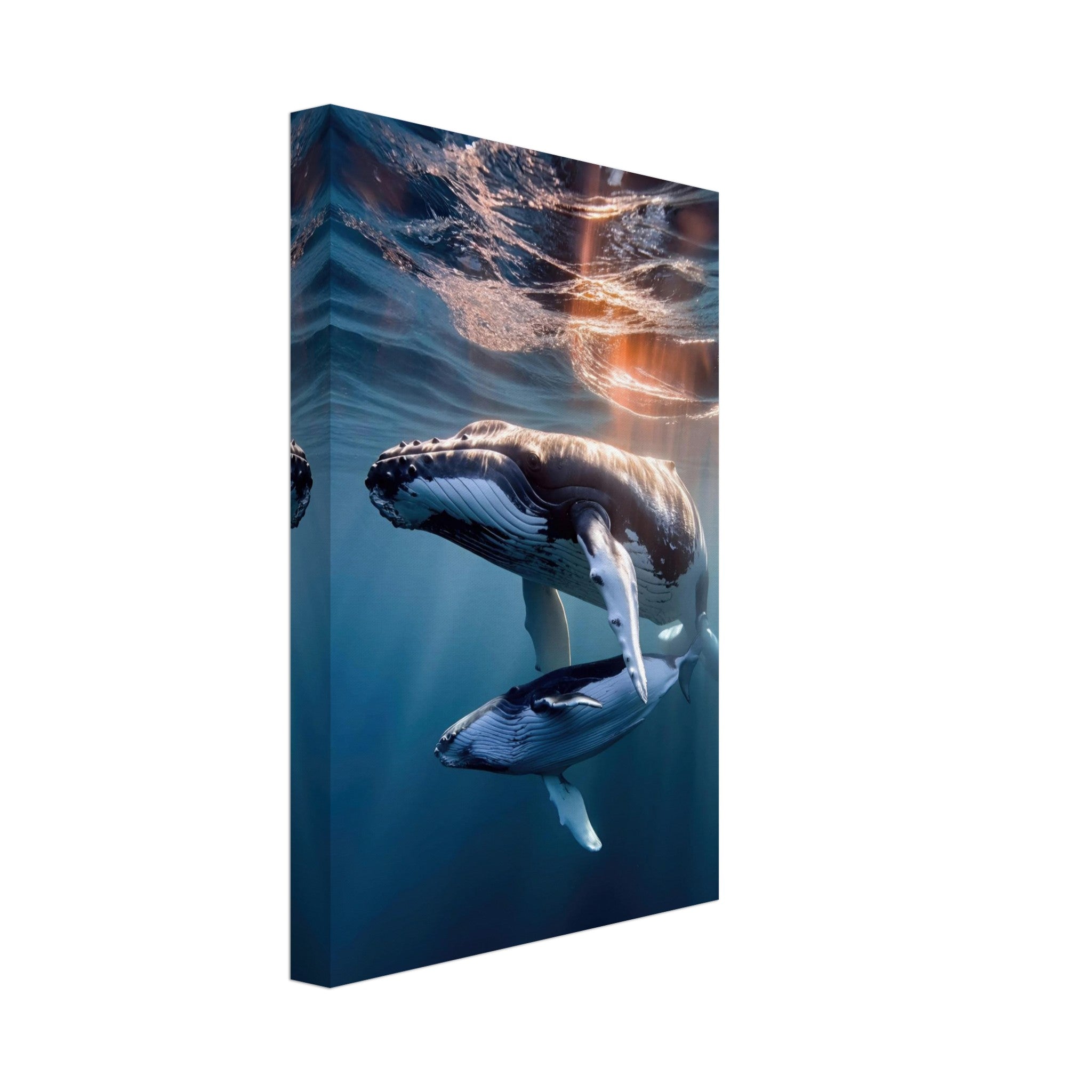 Underwater photography of a mother humpback whale and calf swimming in the ocean, canvas print decor.