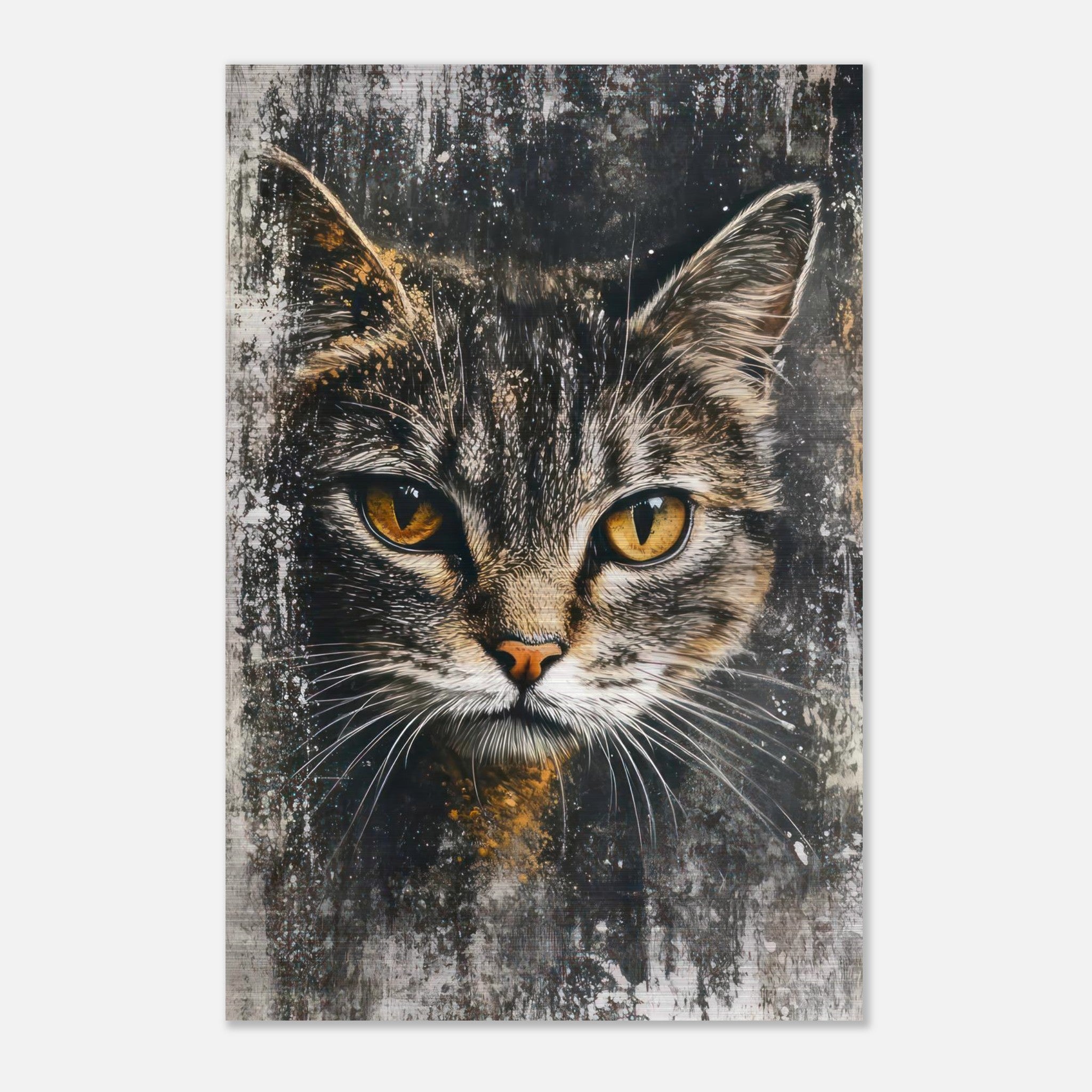 Stunning cat painting artwork on brushed metal, featuring a lifelike feline with captivating expression and metallic finish.