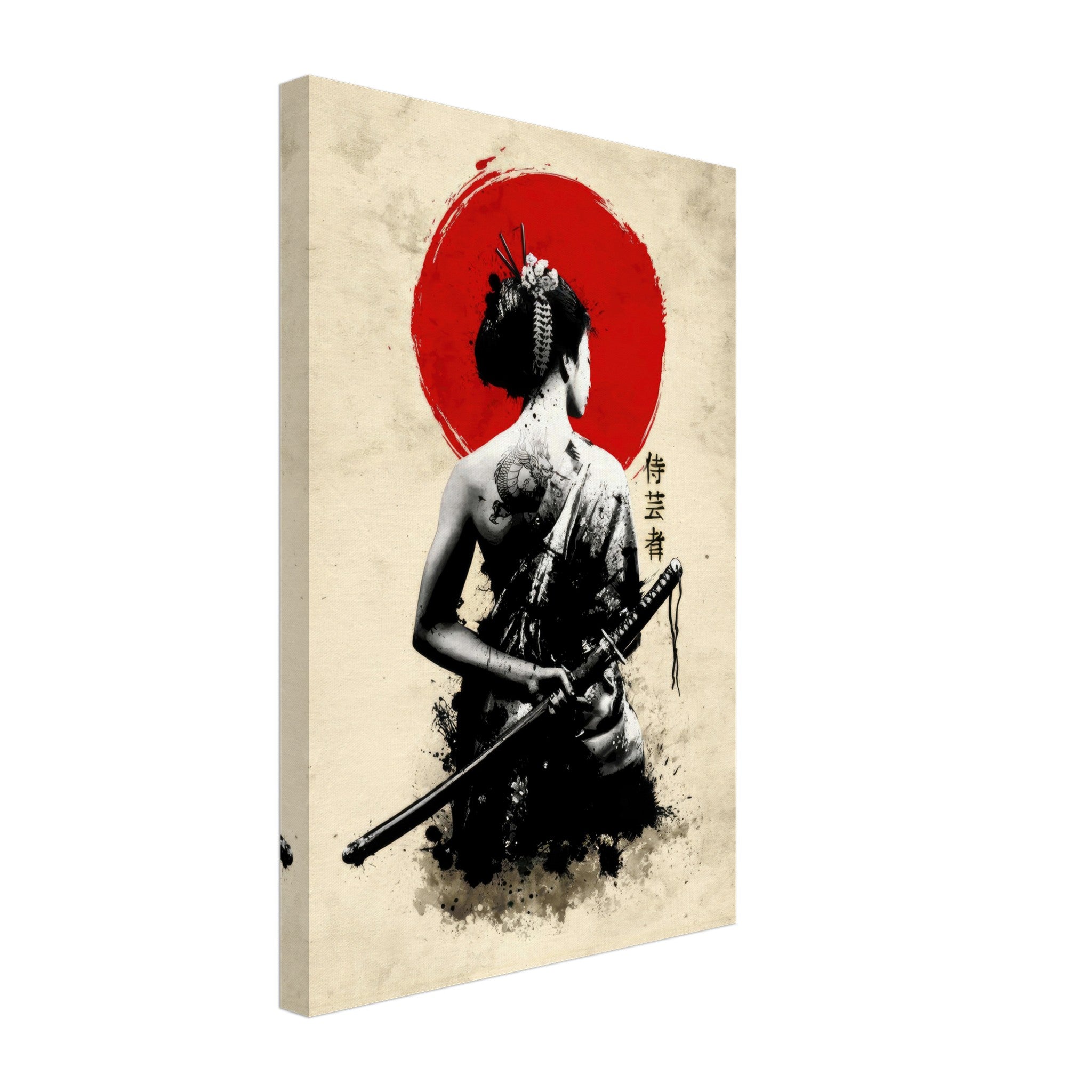 The Samurai Geisha Canvas featuring a poised warrior geisha against a bold red sun, symbolizing elegance and strength.
