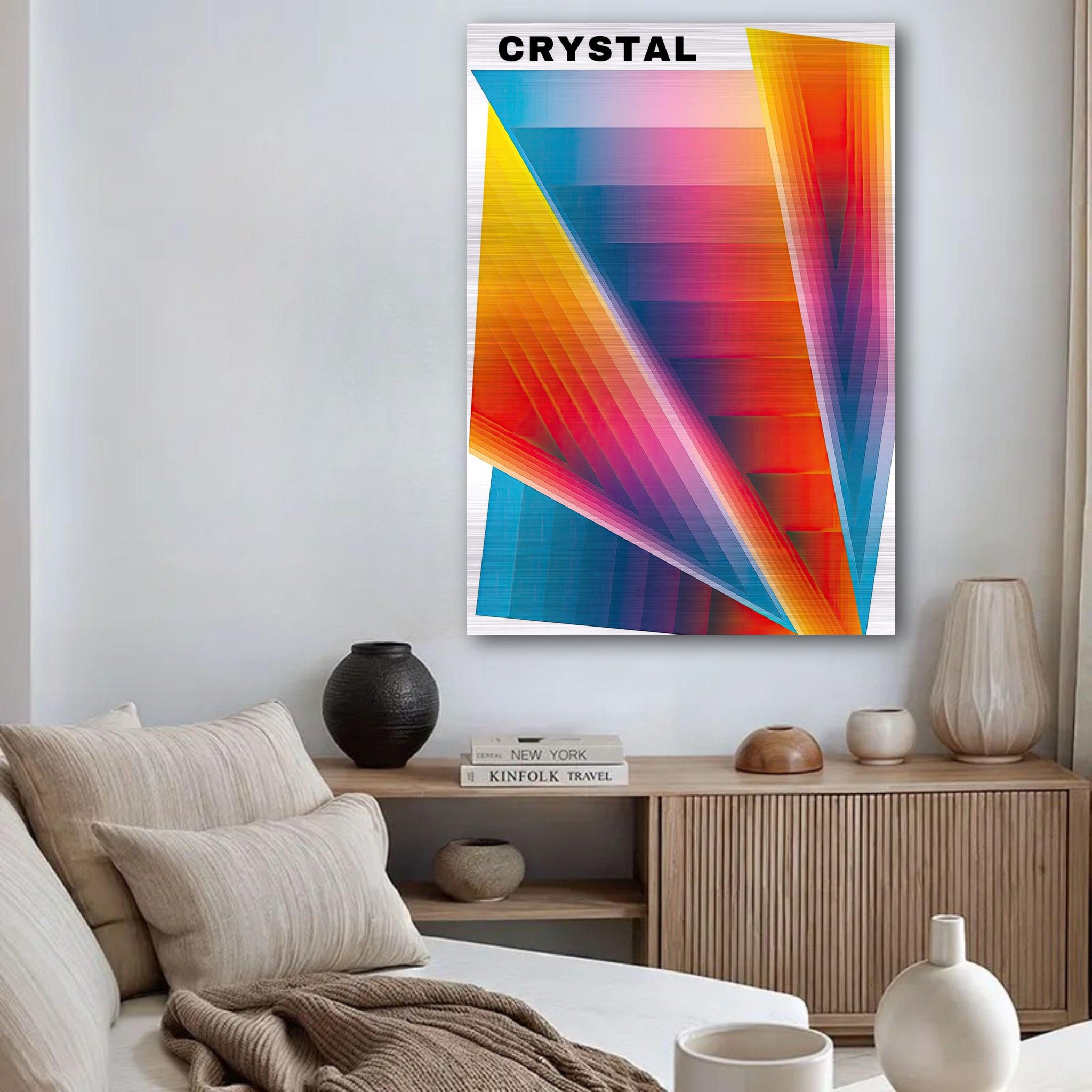 Crystal Abstract Art print in vibrant colors displayed in a modern living room setting with stylish decor.