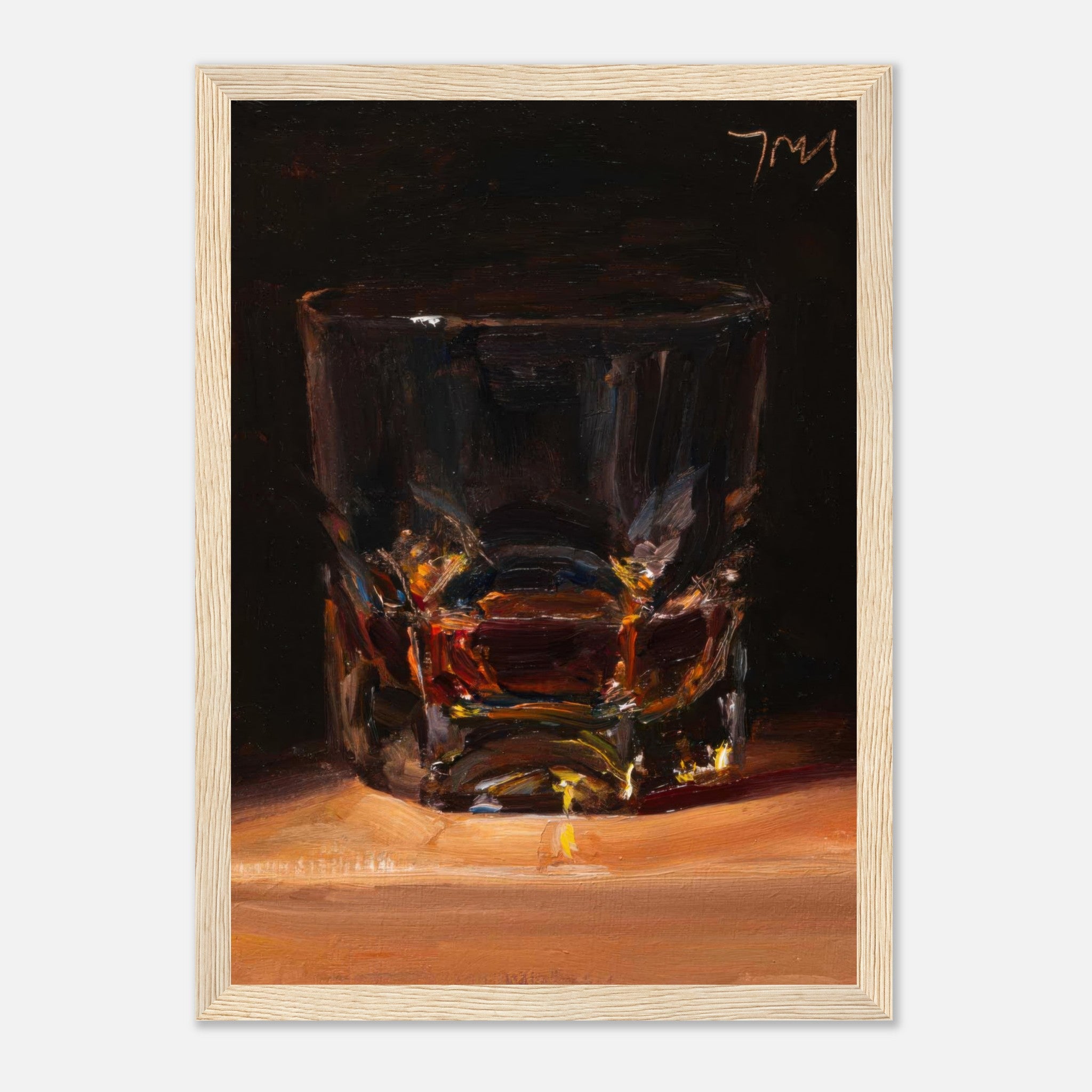 Framed print of a whiskey glass, showcasing deep amber tones and dramatic brushstrokes for elegant home decor.