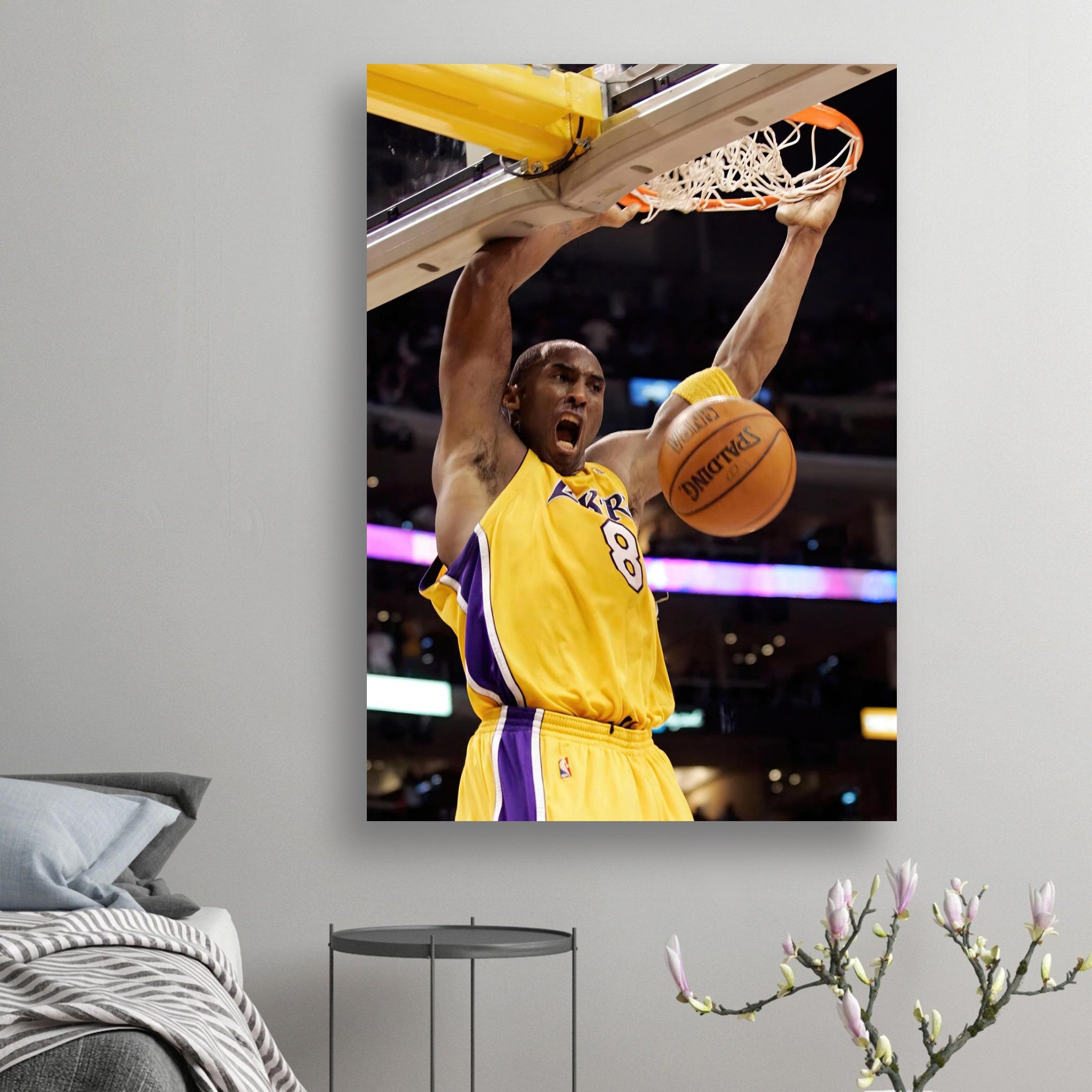 Kobe Bryant slam dunk poster showing intense energy in Lakers jersey No. 8, perfect for basketball fans and collectors.