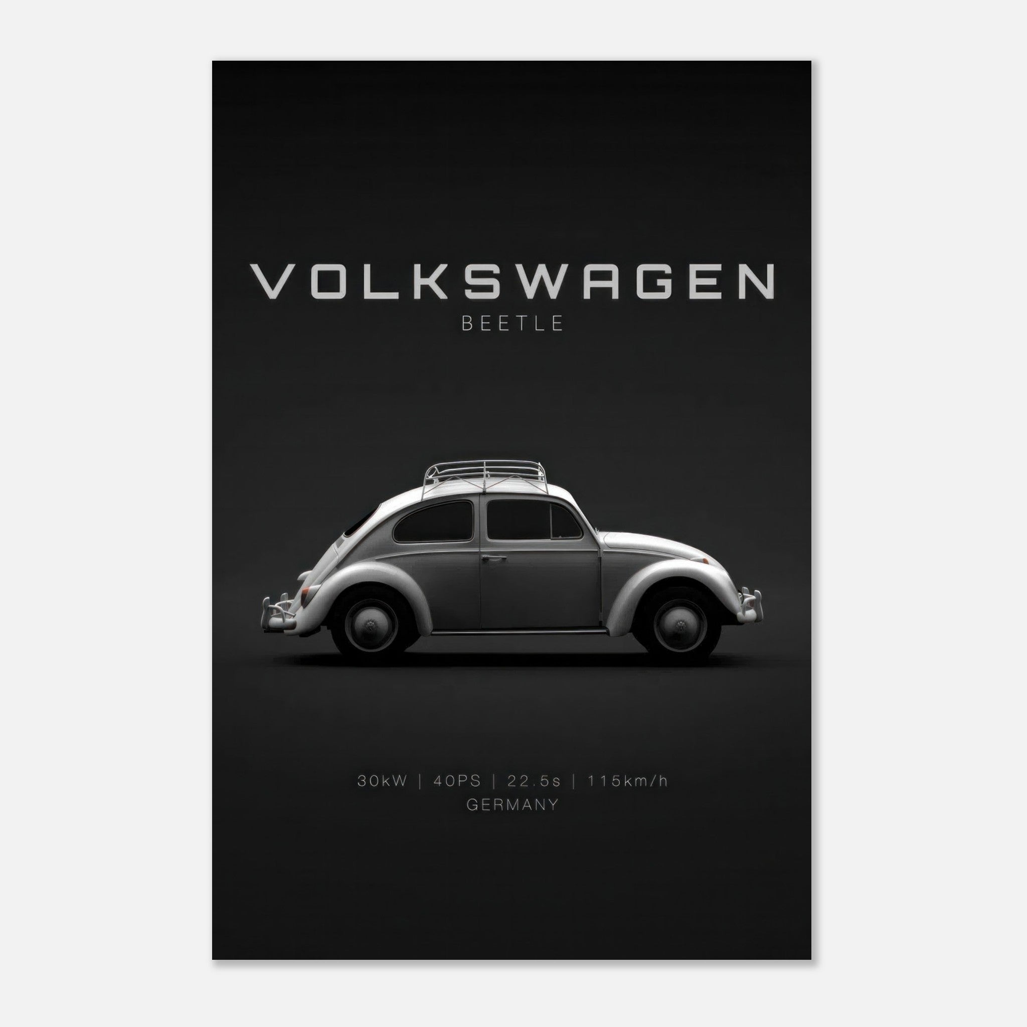 Volkswagen Beetle metal print showcasing classic car design against a dark background, perfect for enthusiasts.