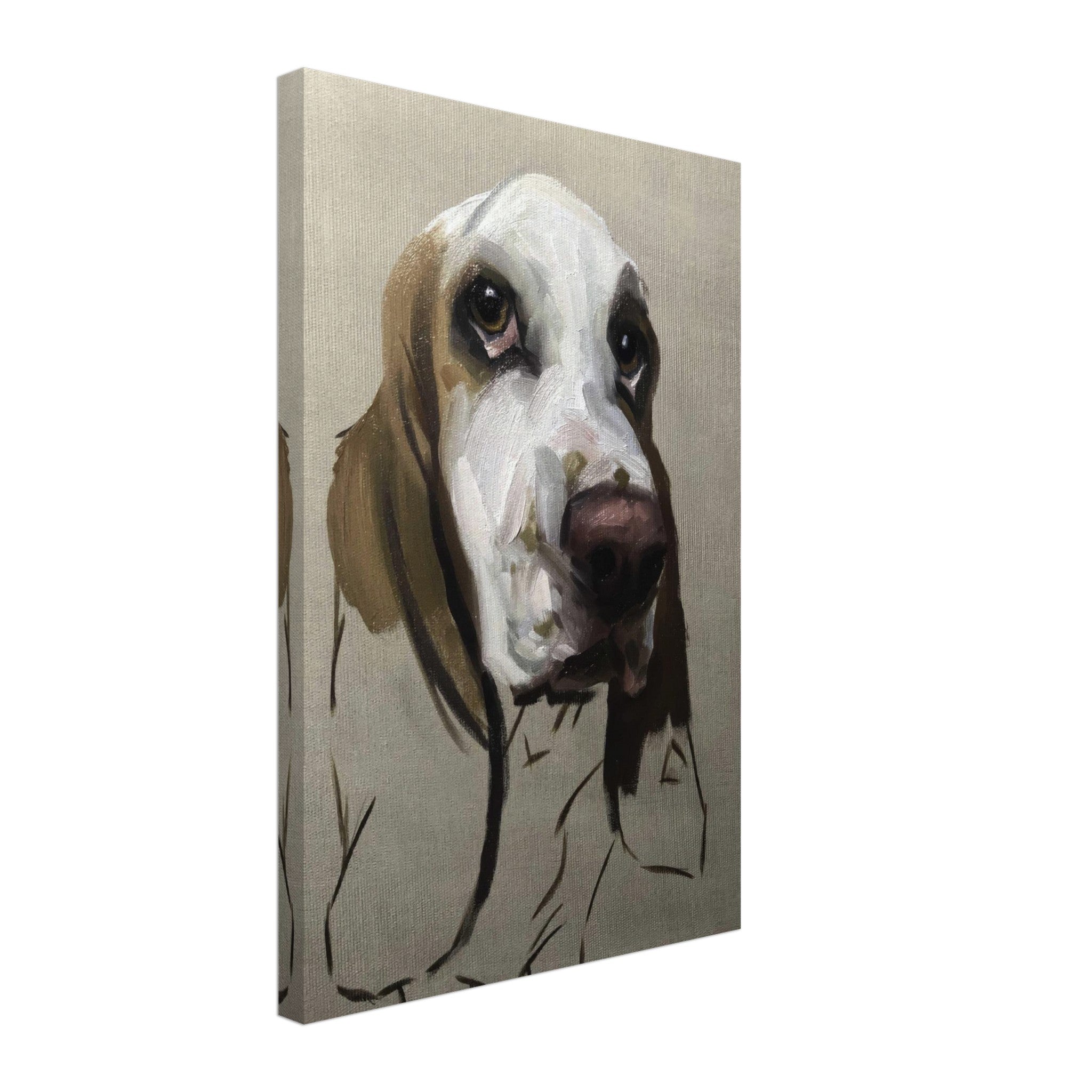 Basset Hound dog painting canvas print featuring soulful expression and droopy ears on a textured background.