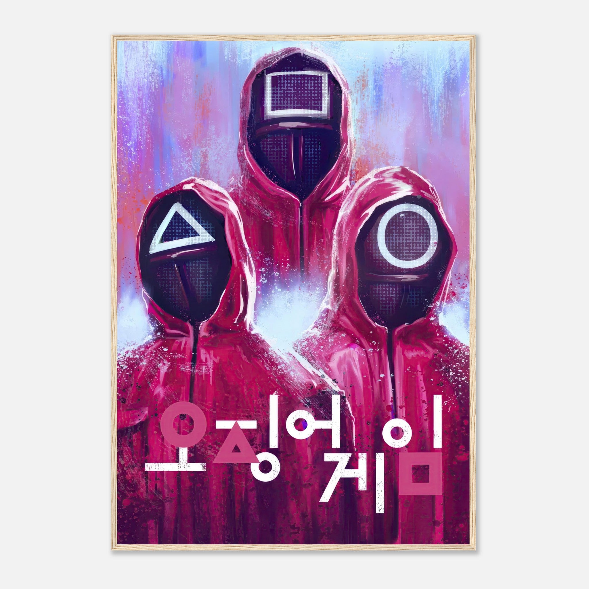 Squid Game framed poster featuring iconic guards in red suits and geometric masks, showcasing Korean typography and dramatic colors.