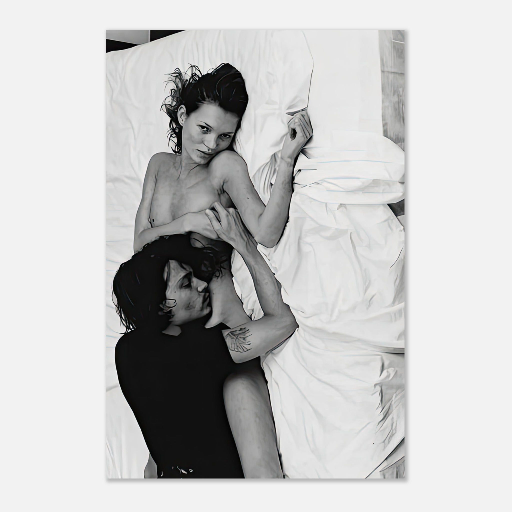 Kate Moss and Johnny Depp in iconic 1994 black-and-white metal print, capturing 90s romance and glamour.