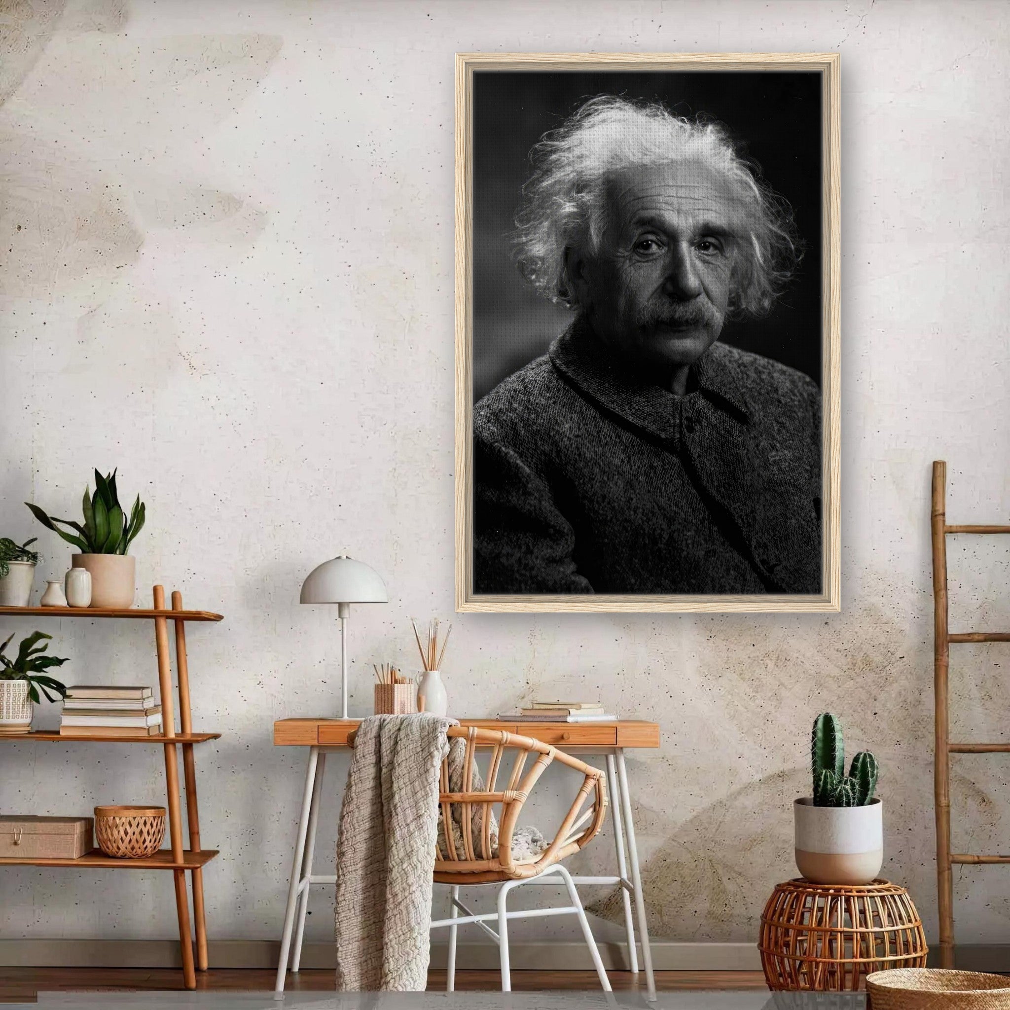 Framed canvas print of Albert Einstein in black and white, showcasing his wise expression in a stylish home setting.