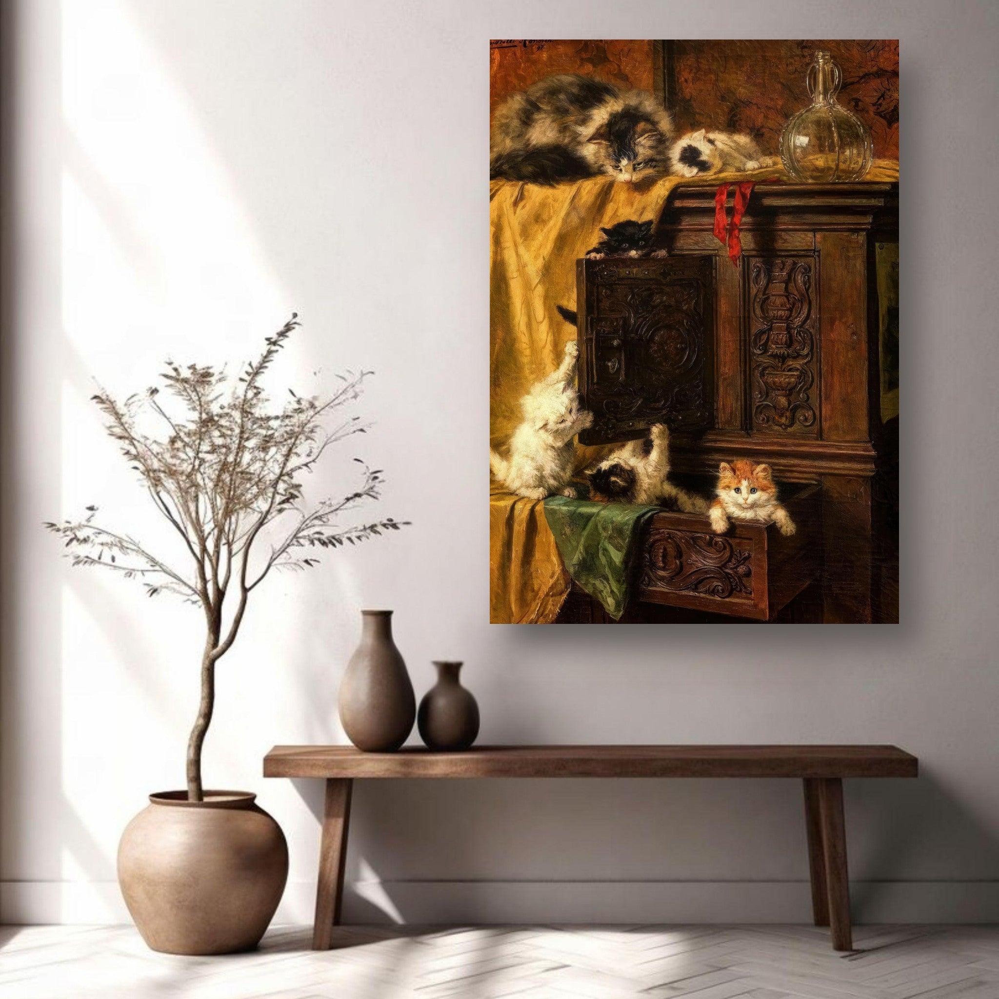 Vintage cat painting metal print showcasing playful kittens on an antique wooden cabinet in warm tones.