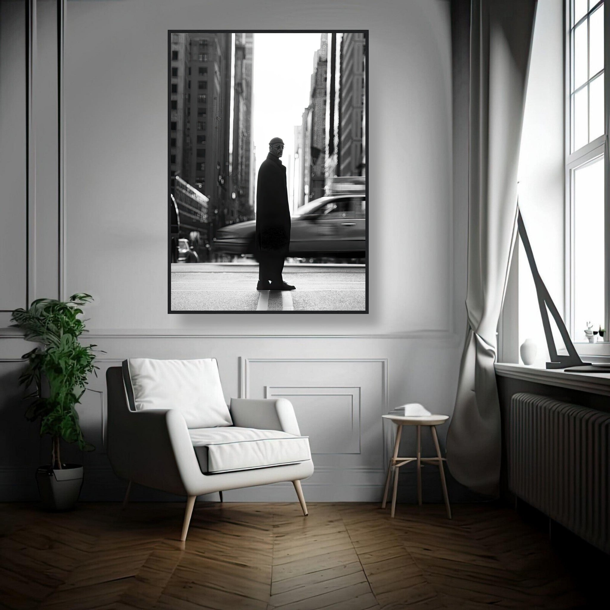 Black-and-white framed print of Jean Reno as Leon standing in New York City, capturing urban sophistication.