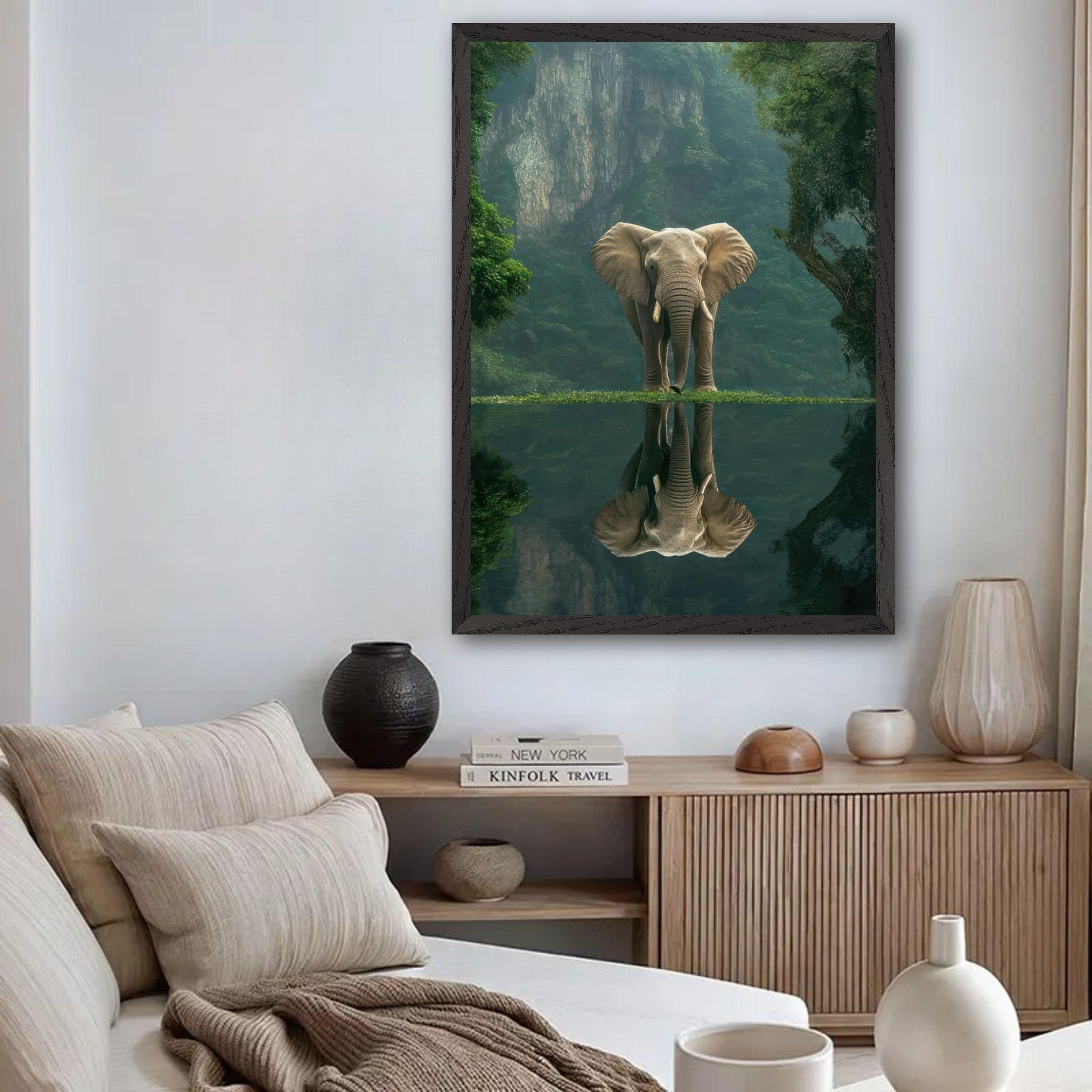 Jungle Elephant Portrait fine art print reflecting in tranquil water surrounded by lush greenery in modern living room