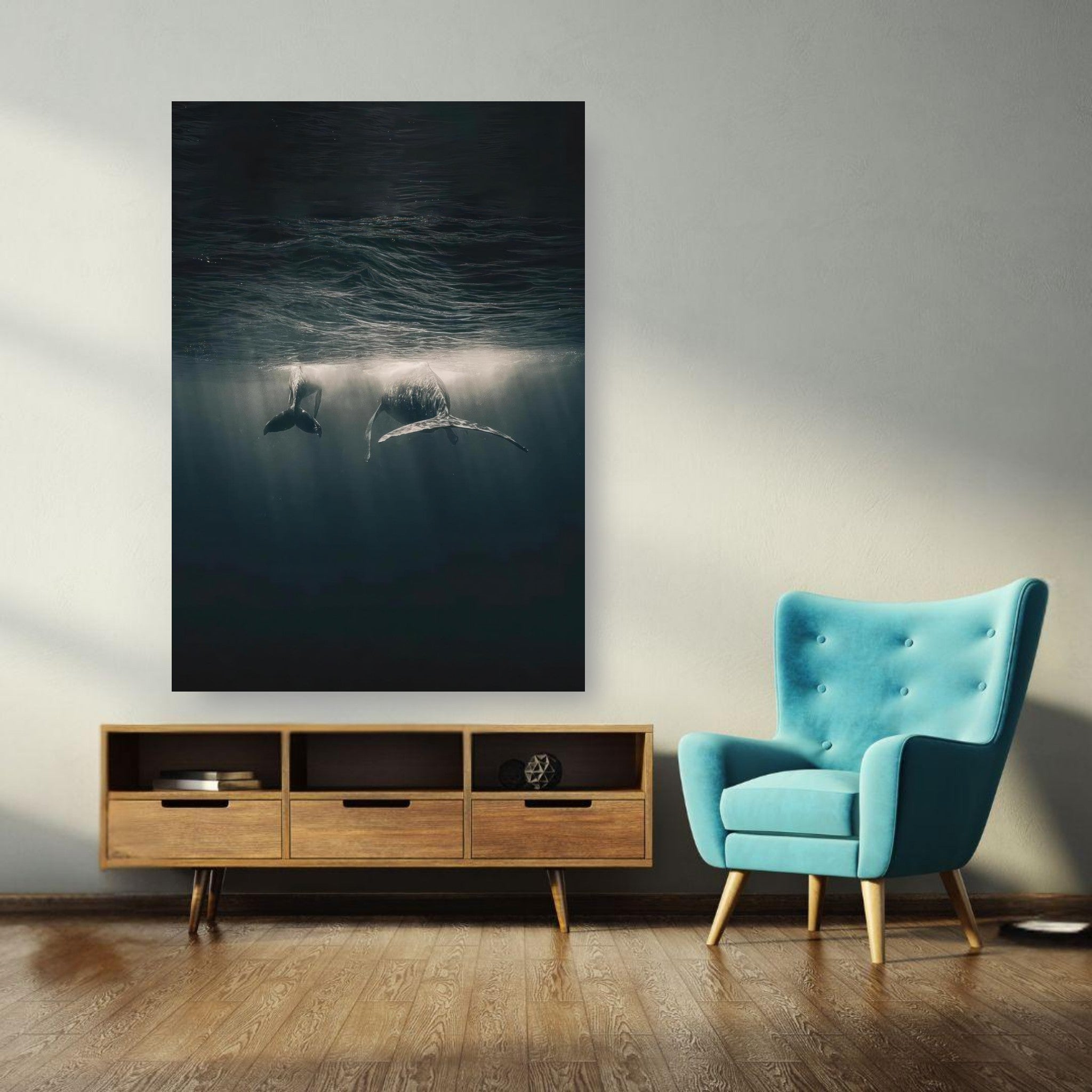 Whales swimming underwater in a stunning ocean scene poster, creating a serene marine life ambiance in modern decor.