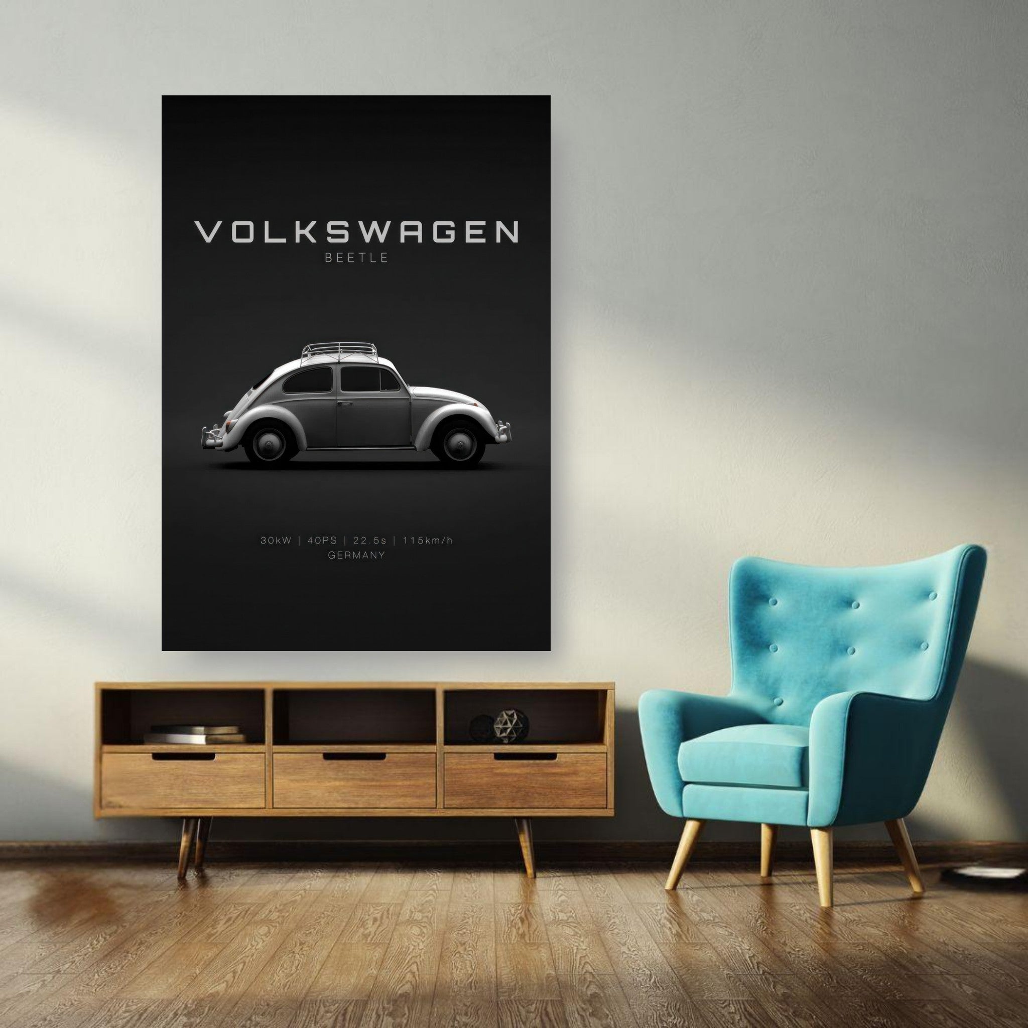 Stylish Volkswagen Beetle poster on dark background in modern living room setting.