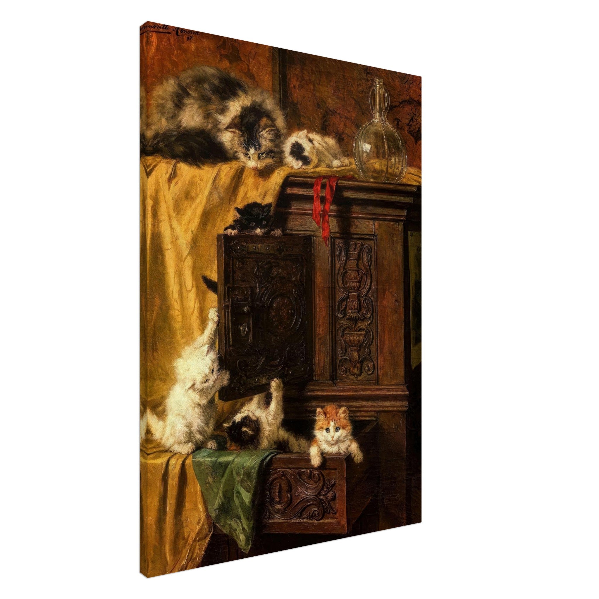 Vintage cat painting canvas print featuring playful kittens exploring an antique wooden cabinet.