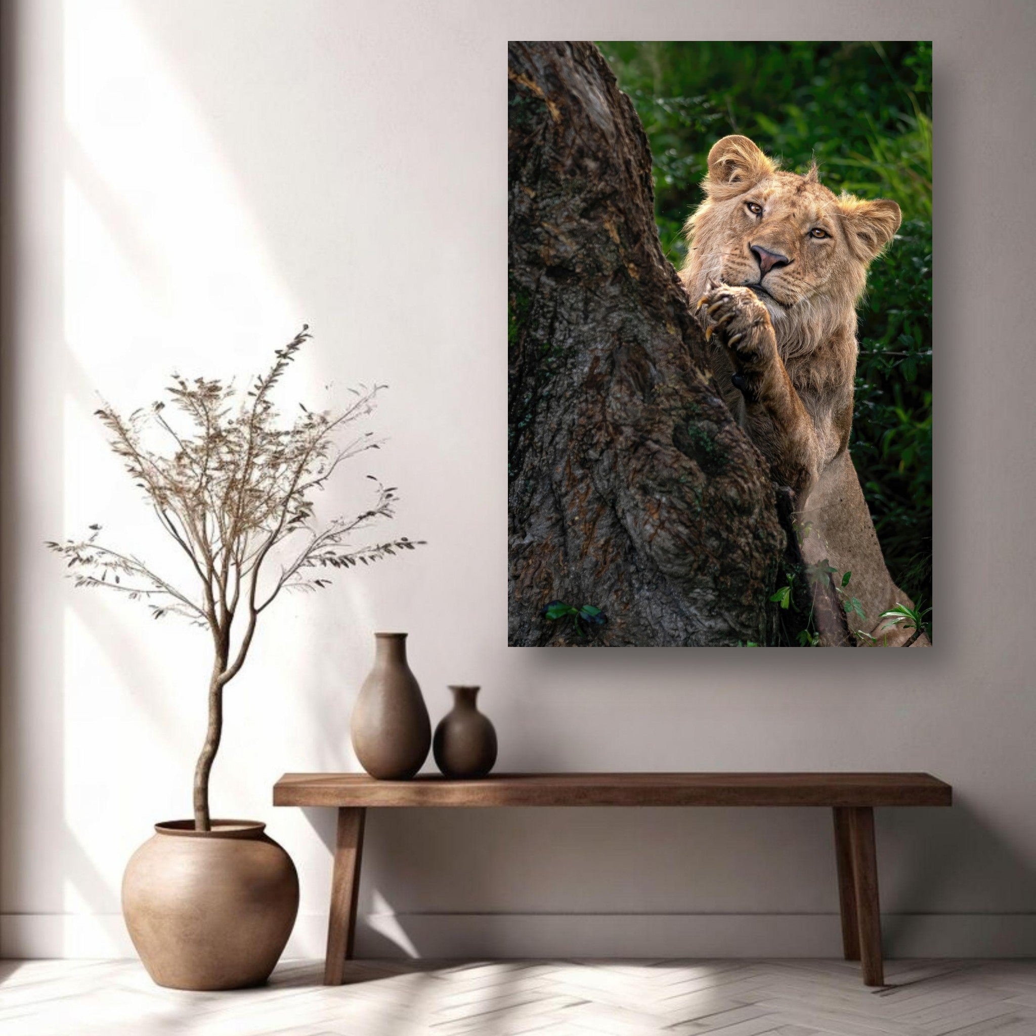 Playful lion metal print decor showcasing a young lion peeking from behind a tree in a stylish interior setting.