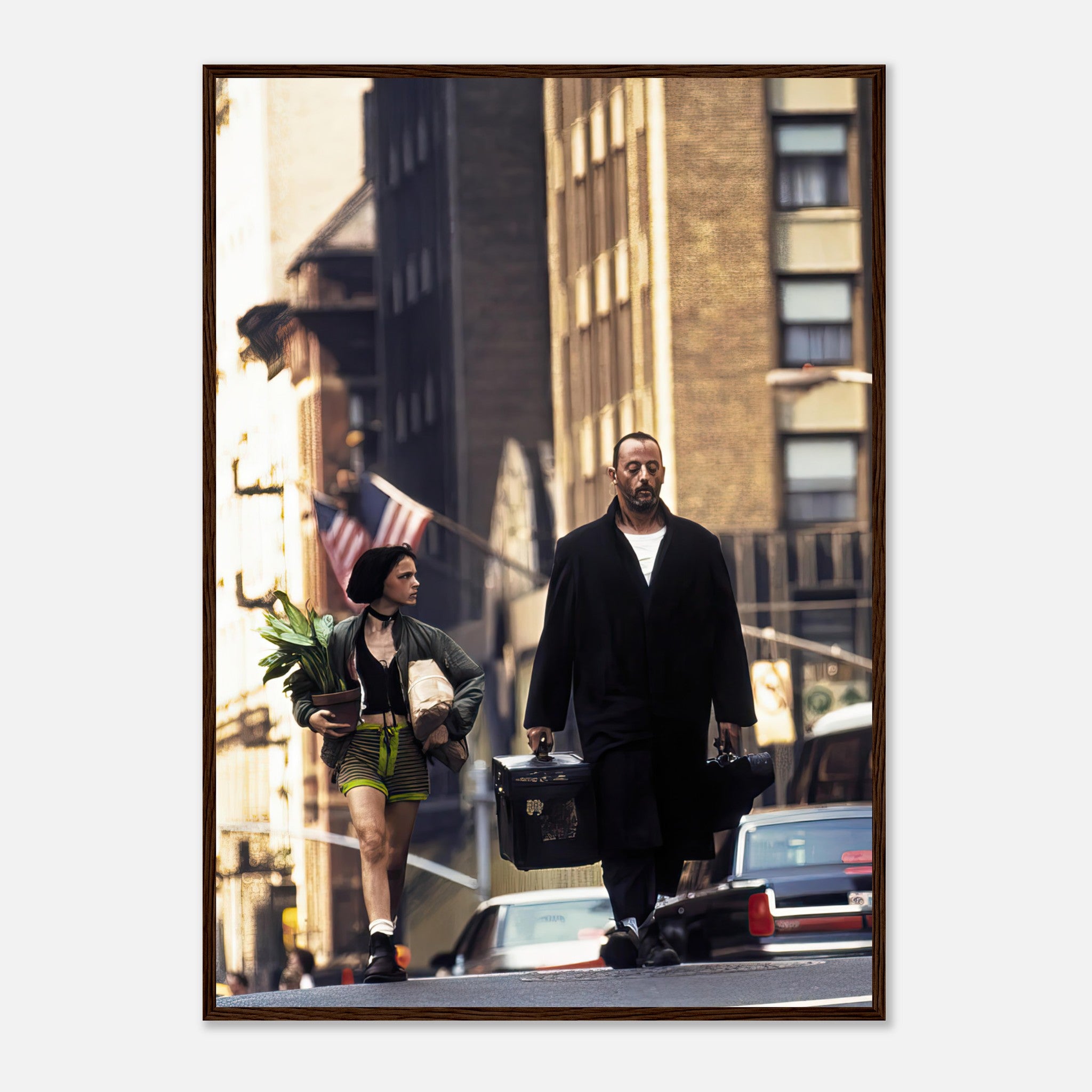 Jean Reno and Natalie Portman walking in New York City, iconic scene from *Leon*, framed print.