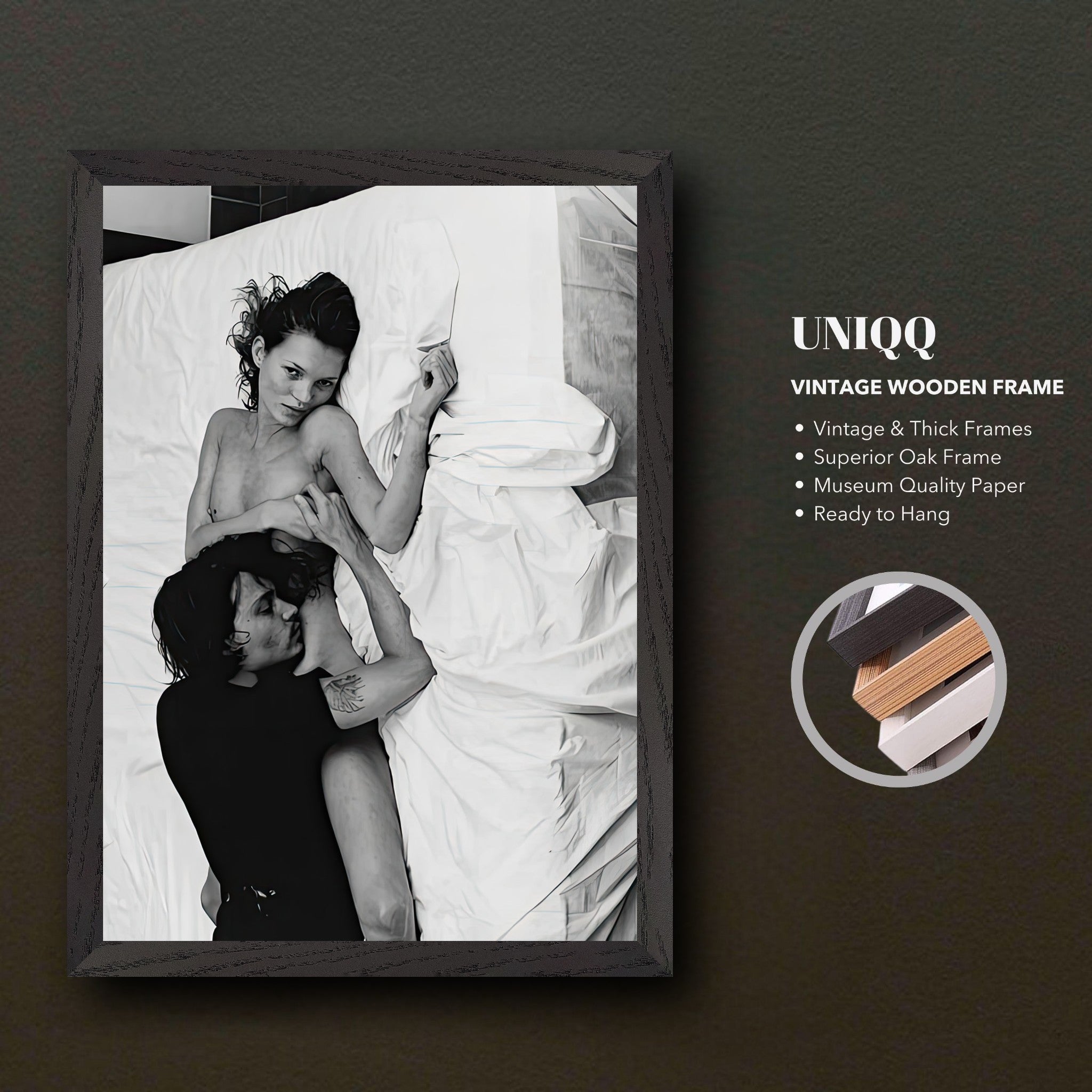 Vintage framed print of Kate Moss and Johnny Depp, iconic couple in New York, 1994, by Annie Leibovitz.