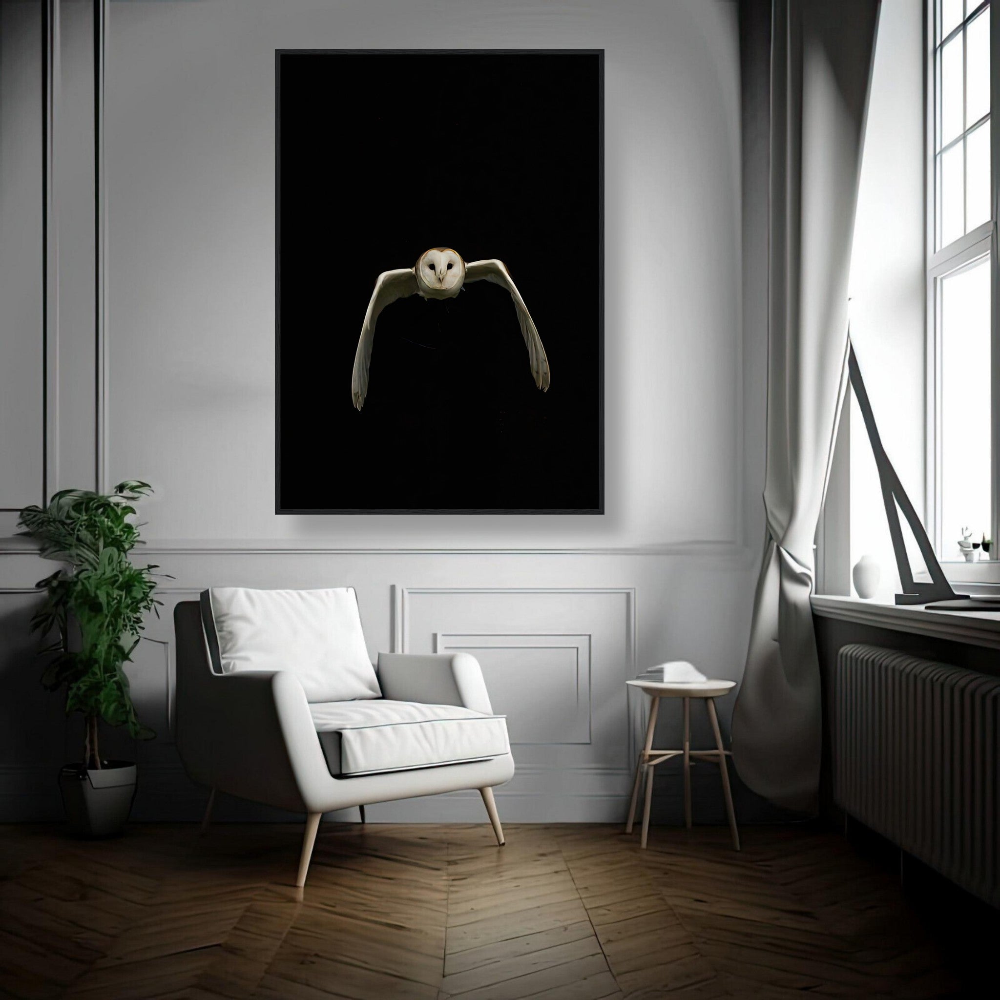 Owl framed print featuring a barn owl in mid-flight against a black background, stylish living room decor.