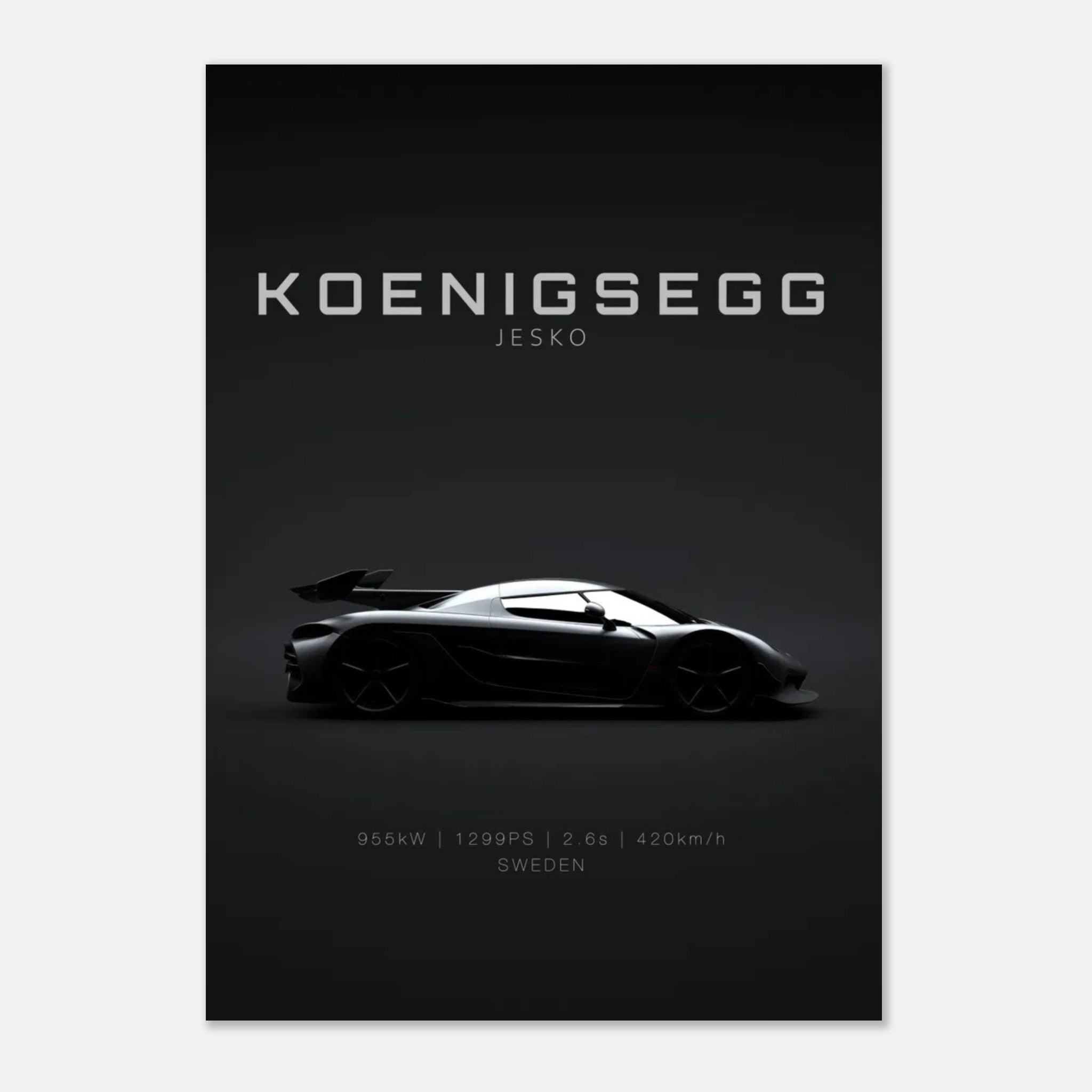 Koenigsegg Jesko poster showcasing sleek design and specs on a minimalist black background.