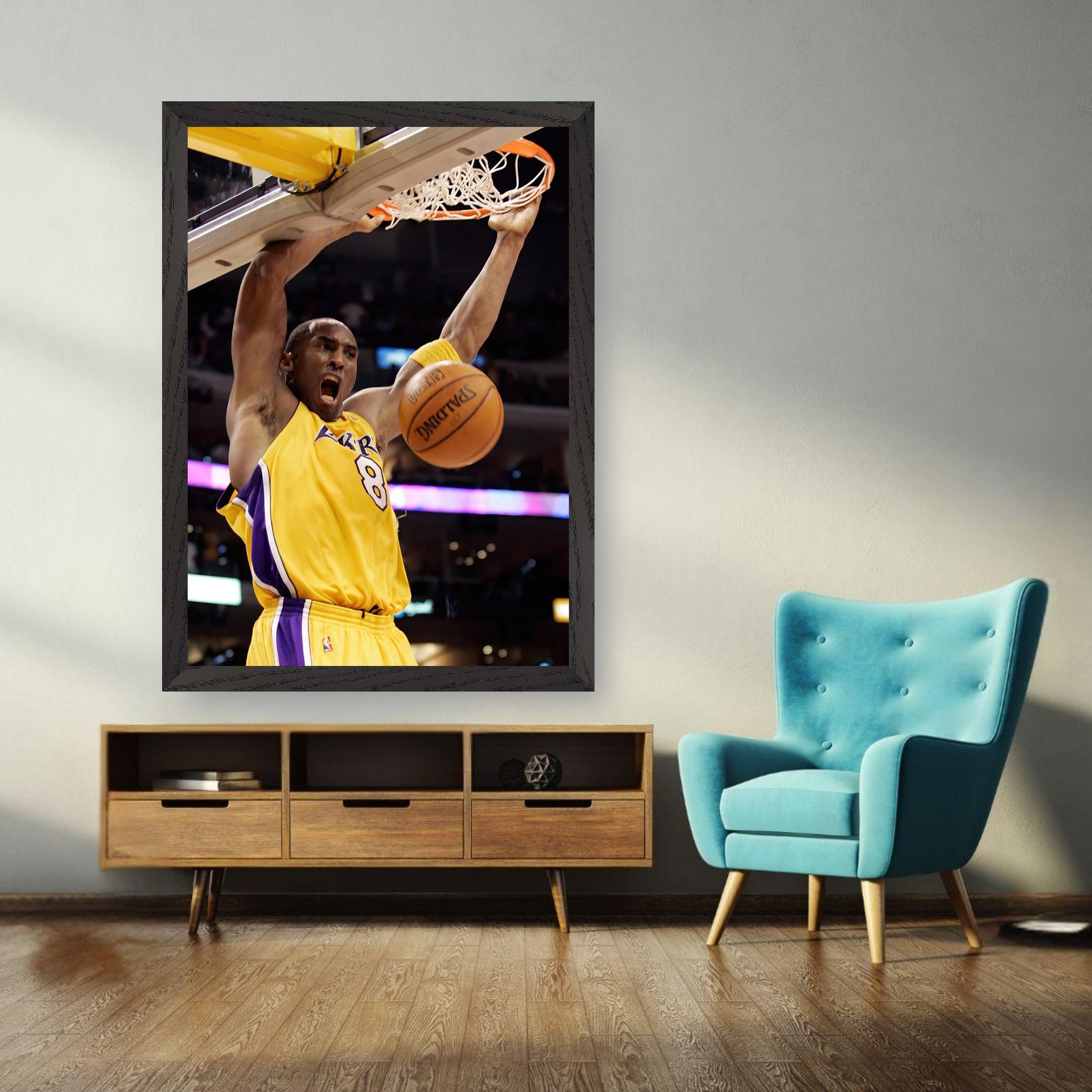 Kobe Bryant vintage framed print showcasing iconic slam dunk in a stylish setting