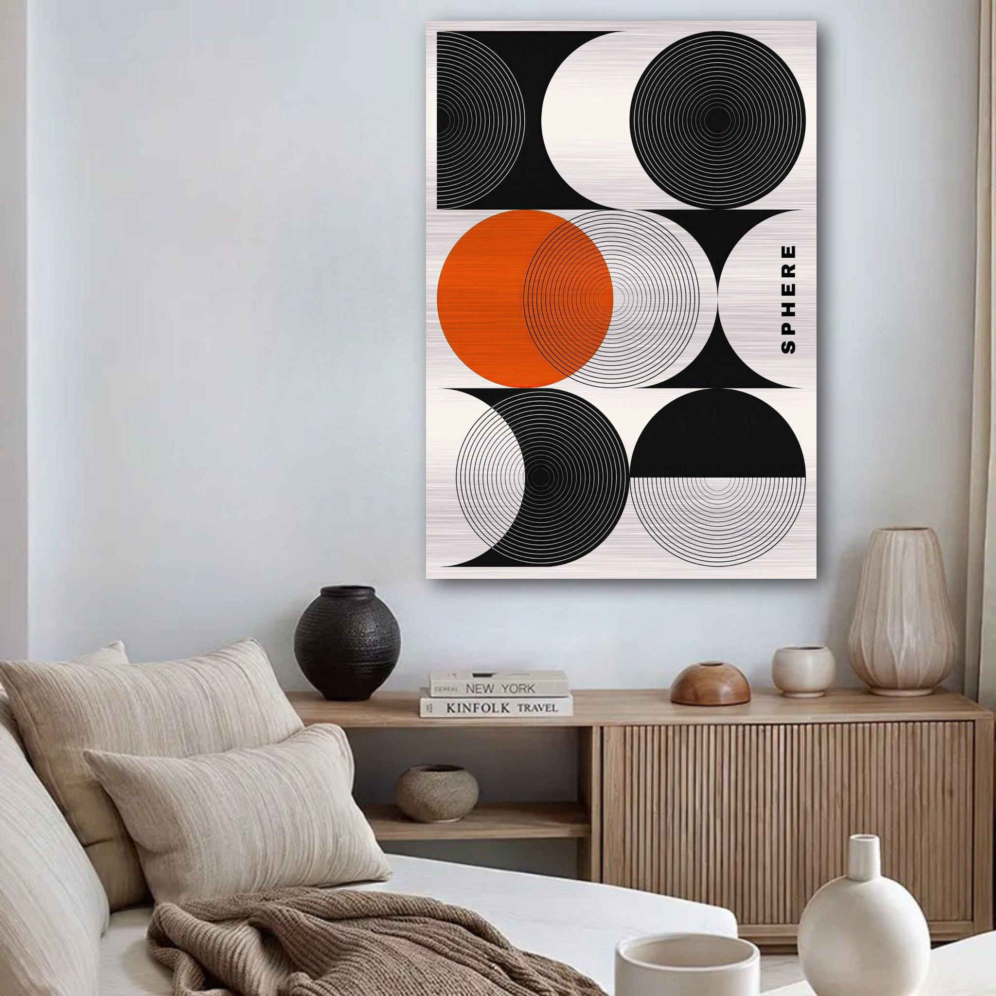Abstract geometric sphere art print with black, white, and orange circles in a modern living room setting.