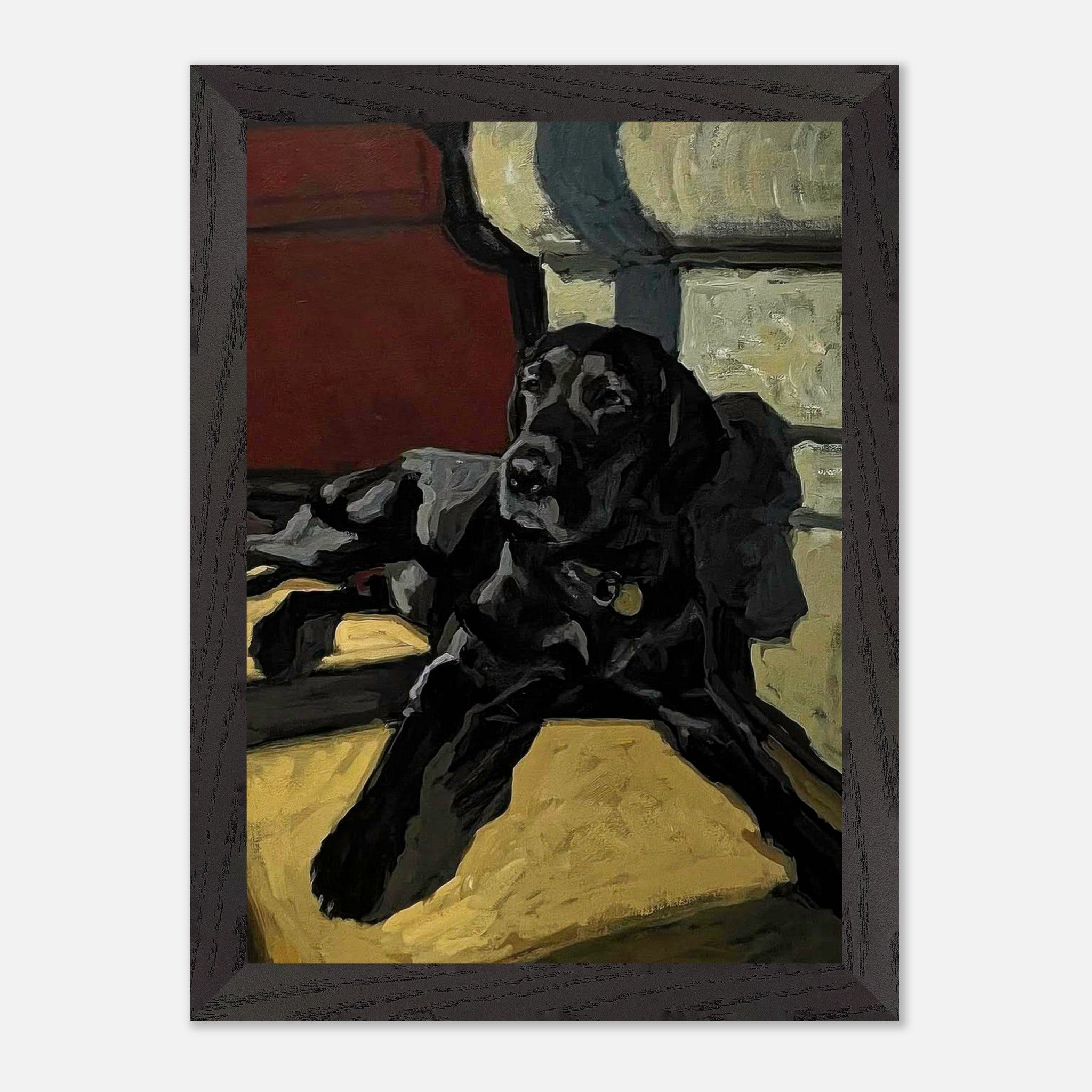 Black Labrador dog painting in vintage frame, highlighting warmth and charm in rich colors.