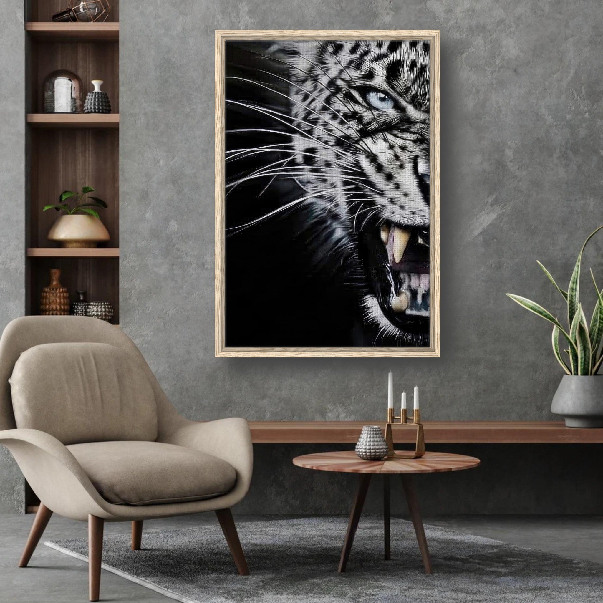 Leopard close-up portrait framed canvas print showcasing fierce gaze and bared fangs in a modern living room setting.