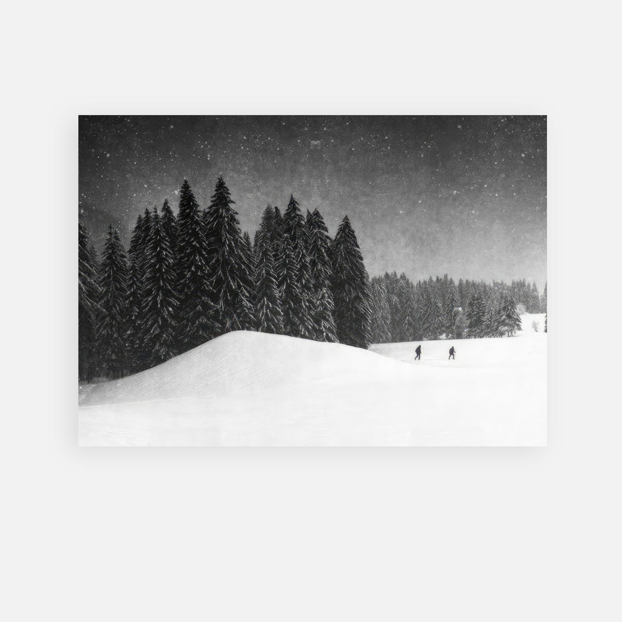 Winter Crossing Poster featuring snow-covered hills and evergreens under a starry sky, ideal for modern decor.