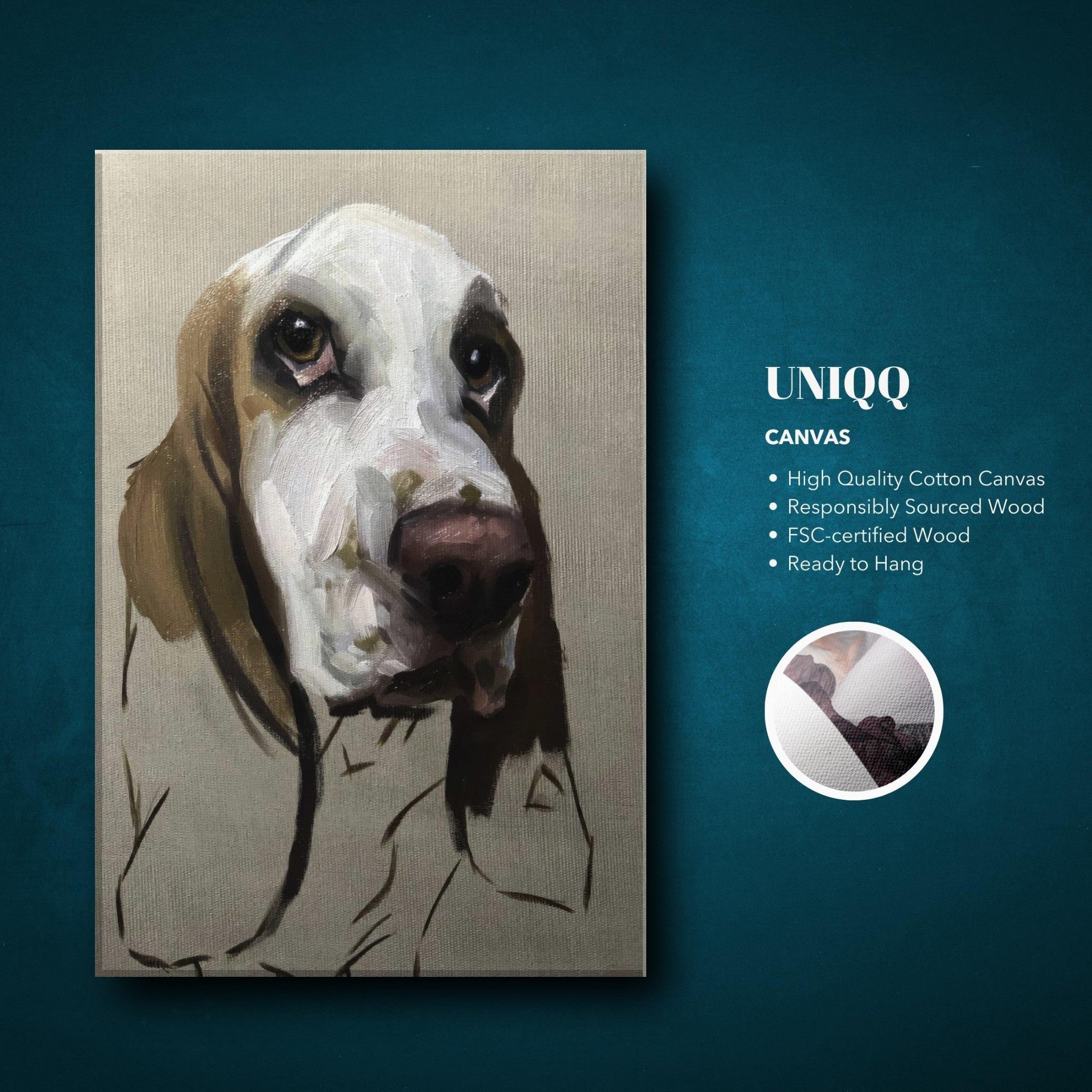 Basset Hound dog painting canvas print featuring soulful expression and droopy ears, ideal for home decor.