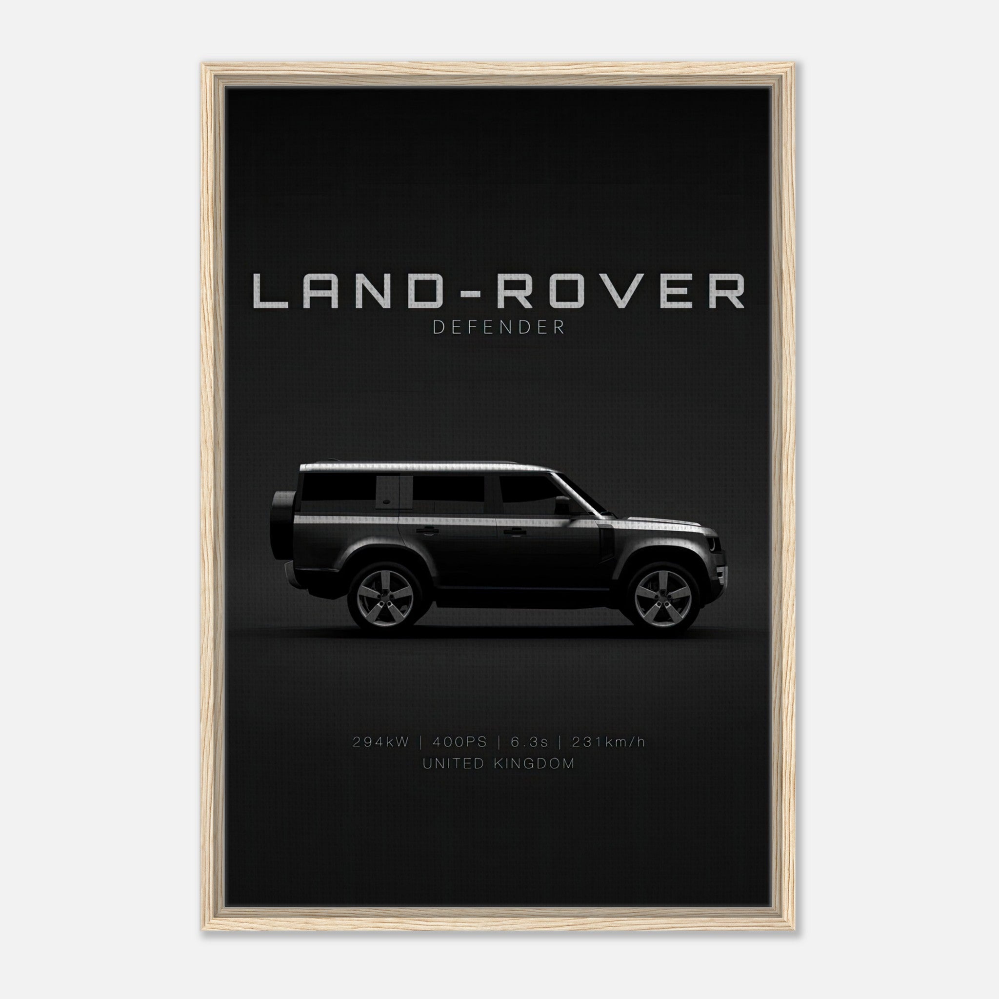 Land Rover Defender framed canvas print featuring sleek side profile on a black background with Wood frame.