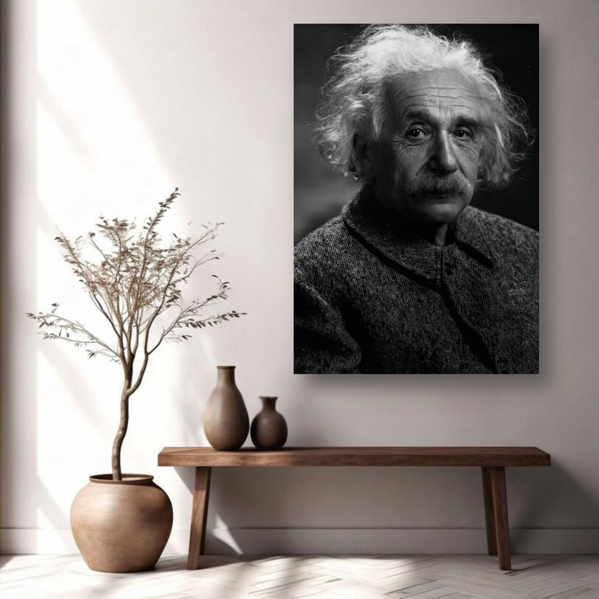 Albert Einstein portrait metal print in black-and-white, showcasing wisdom and intellectual depth, displayed in a modern setting.