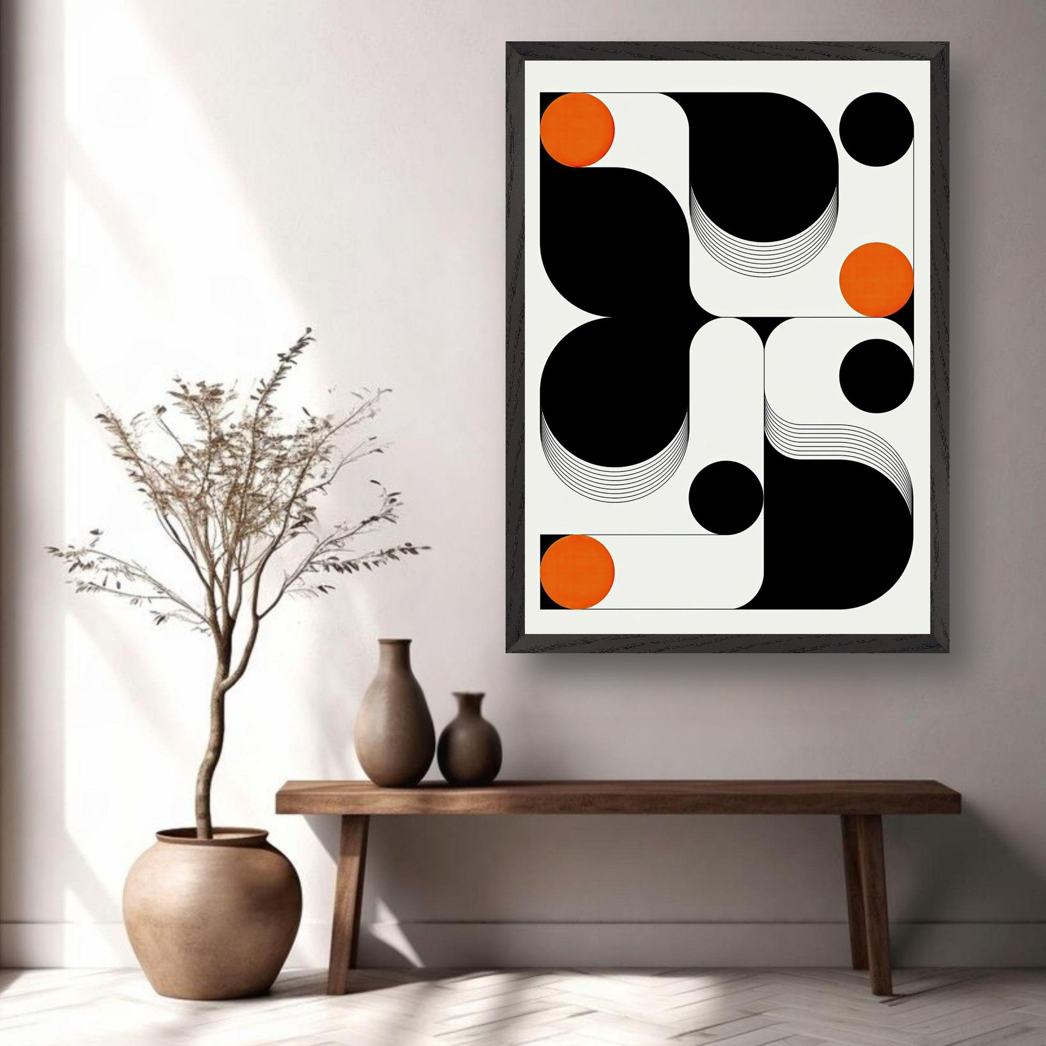 Modern Geometric Abstract Art piece showcasing bold black, orange, and white shapes enhancing contemporary interior decor.