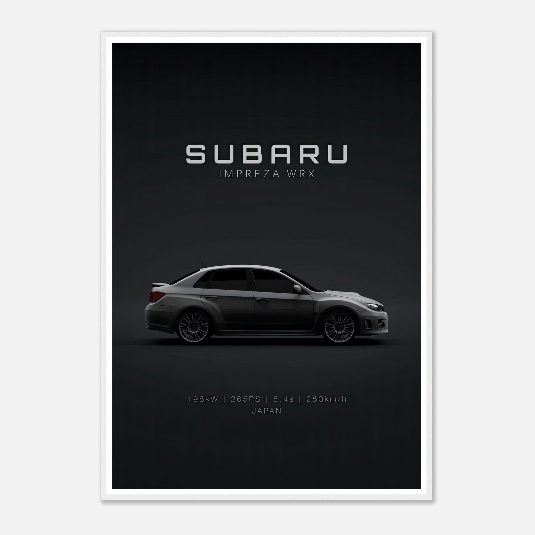 Subaru WRX framed poster showcasing minimalist design and sleek profile against a dark background.