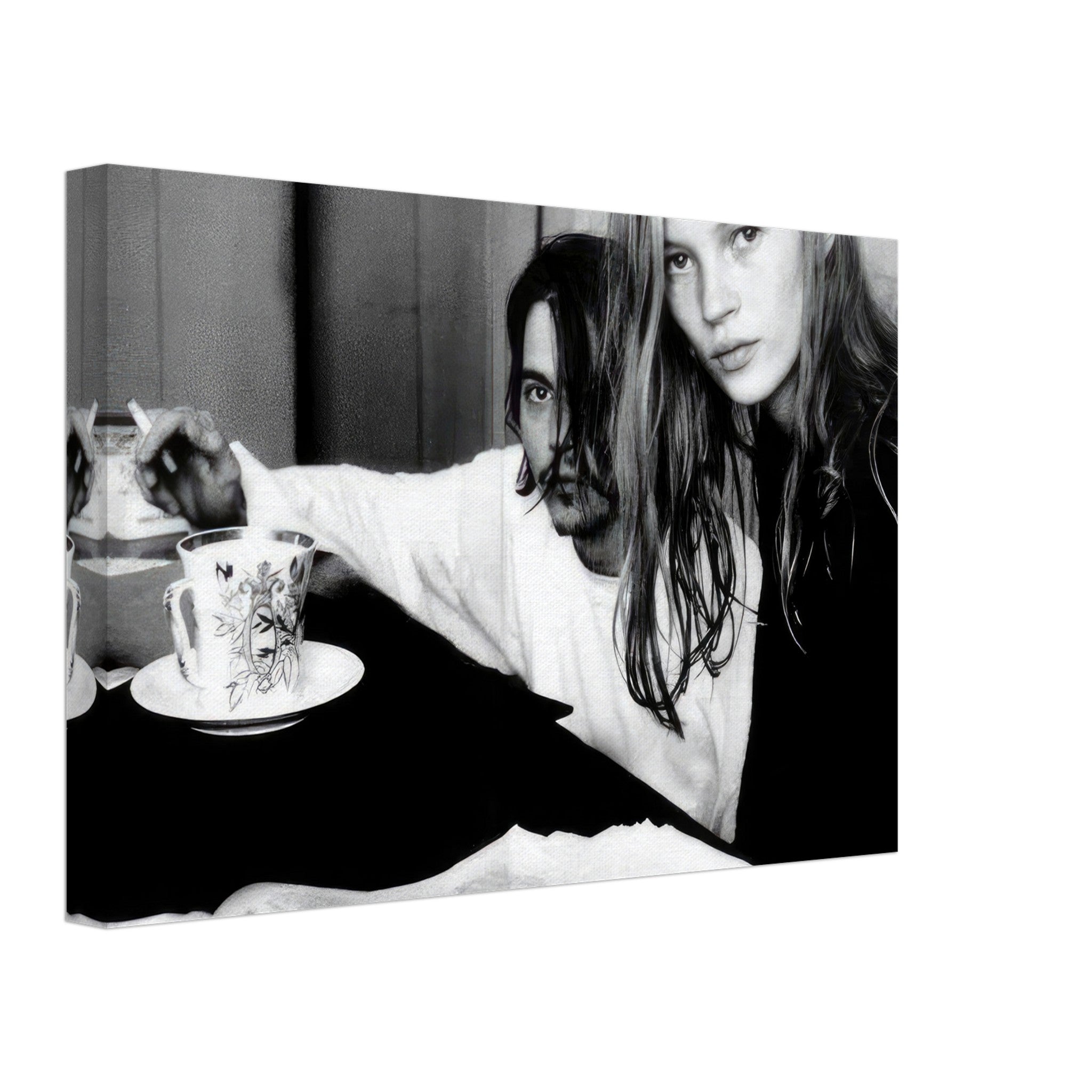 Rebel Romance canvas print featuring Johnny Depp and Kate Moss in stylish black-and-white, embodying 90s nostalgia.