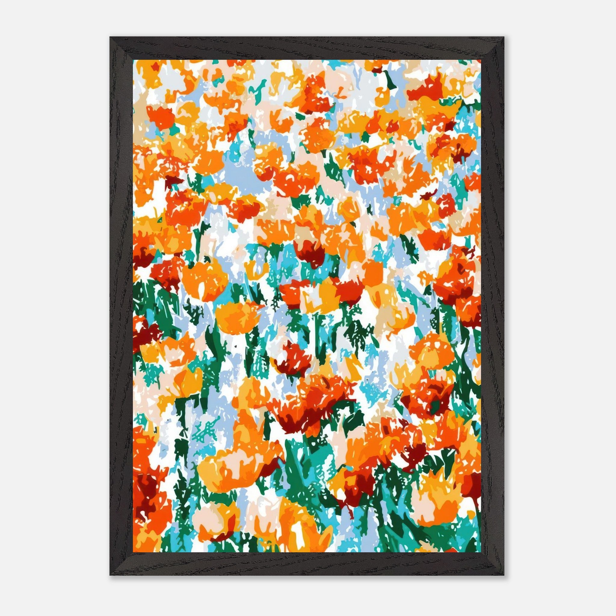 Vibrant abstract floral tulip garden print with orange and yellow flowers in a black vintage frame.