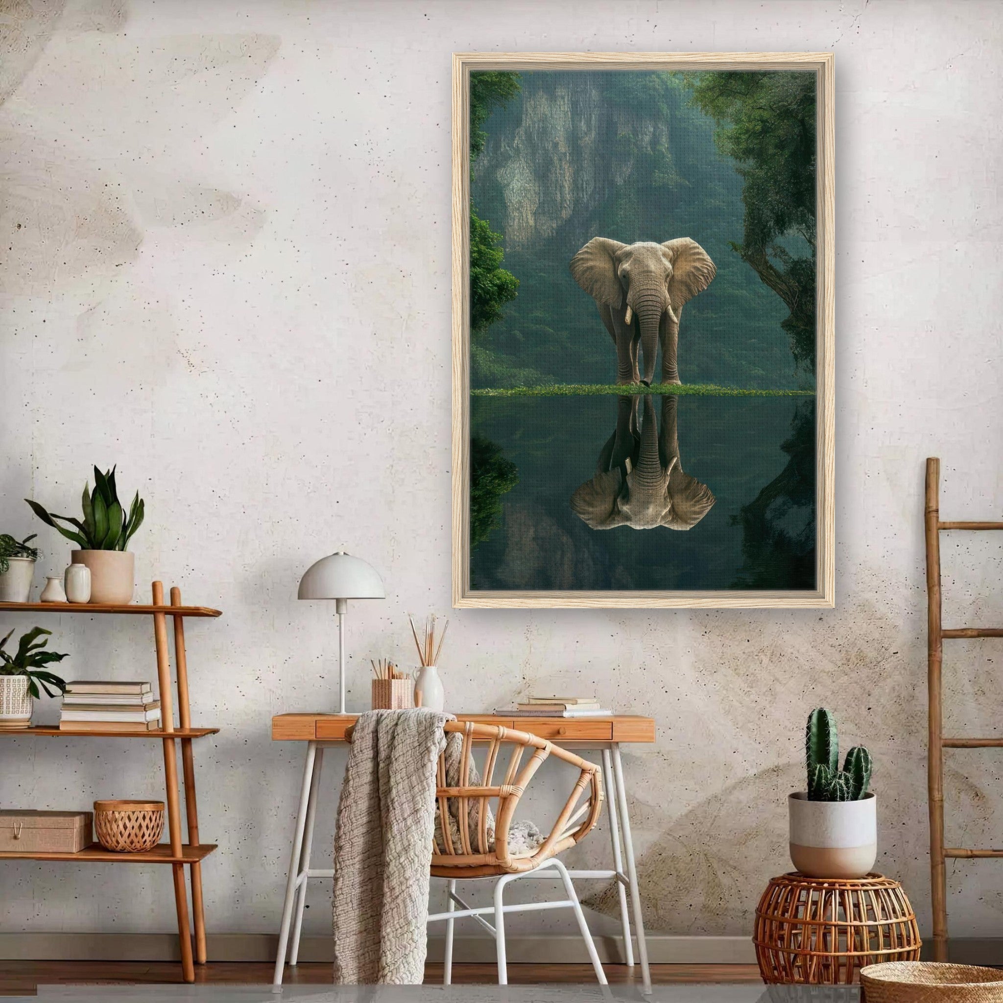 Jungle Elephant Portrait Framed Canvas Print in a modern interior, showcasing an elephant by water with greenery.