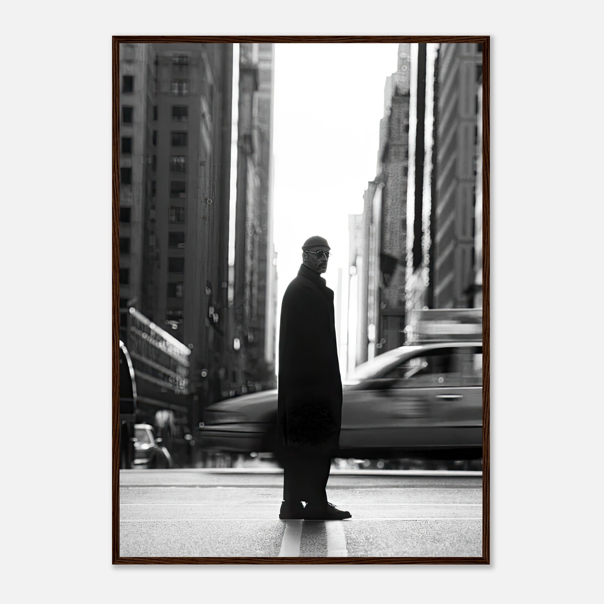Framed print of Jean Reno as Leon in a black-and-white urban scene in New York.