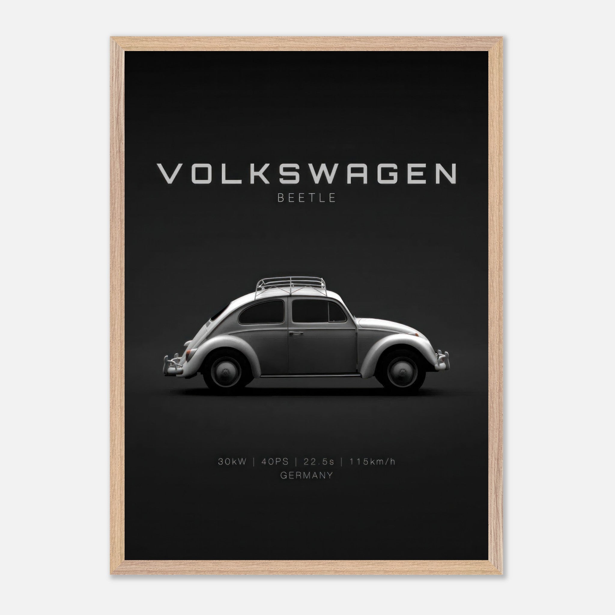 Volkswagen Beetle vintage framed art with sleek silver design on a minimalist black background.