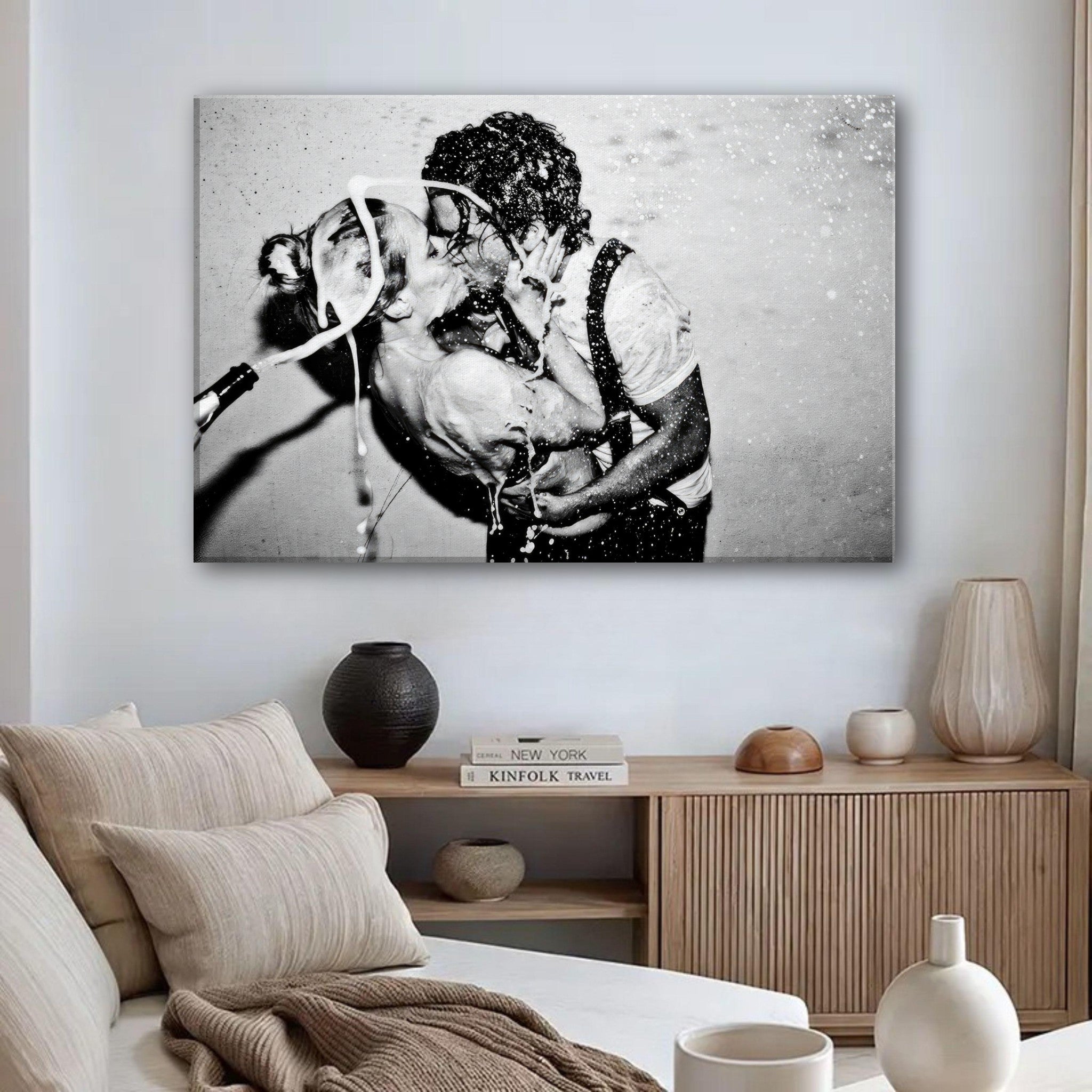 The Champagne Kiss canvas print of Johnny Depp and Kate Moss captured in a passionate black-and-white moment.