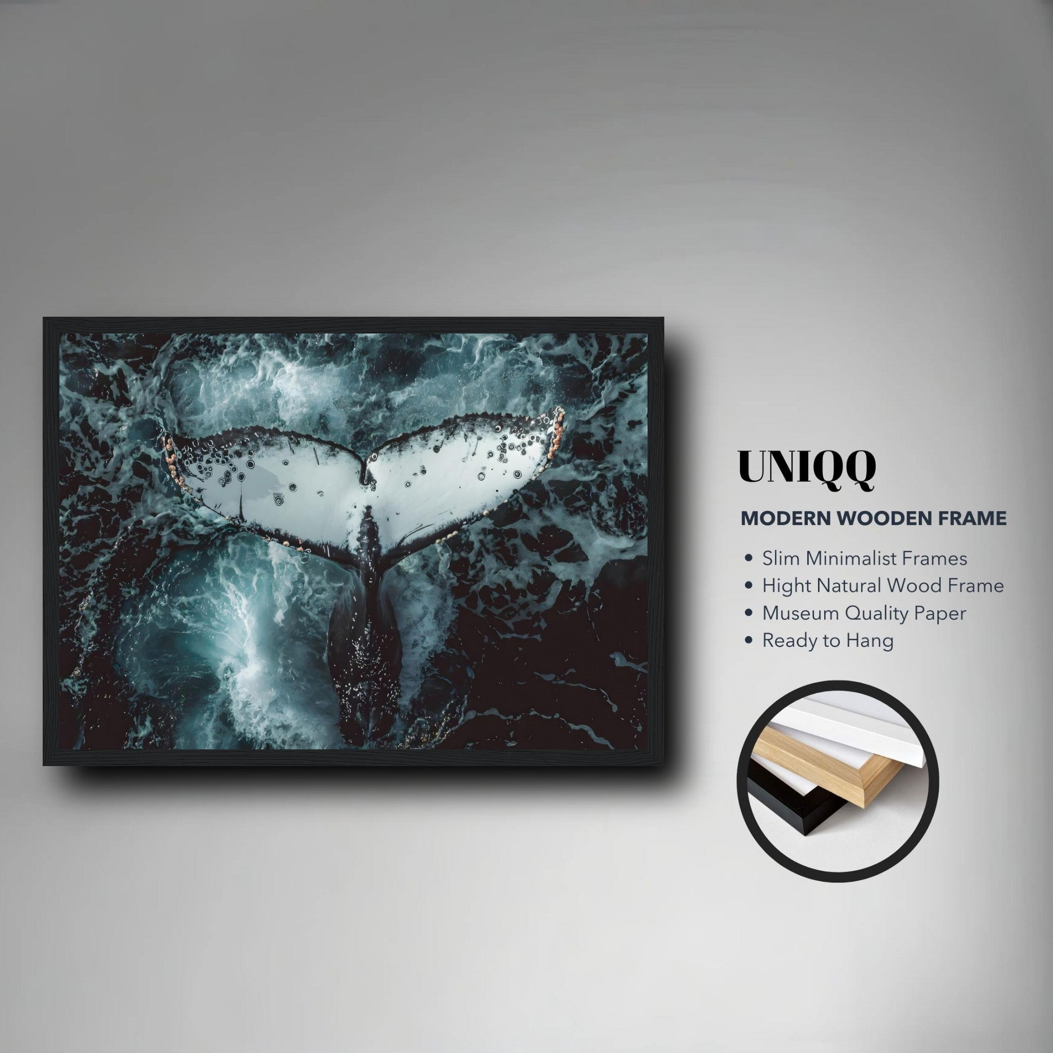 Humpback Whale Framed Print showcasing the whale's tail in deep ocean blues, ready to hang in a modern wooden frame.