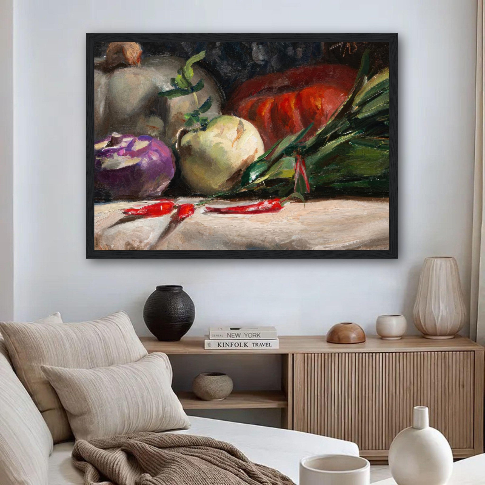 Framed print of kohlrabi, pumpkins, and chilis enhancing rustic kitchen decor.
