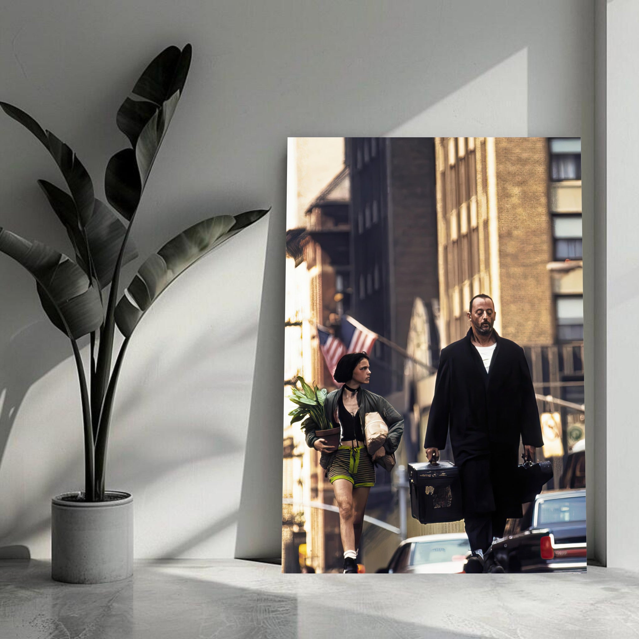 Jean Reno and Natalie Portman in iconic scene from Leon: The Professional, metal print artwork.