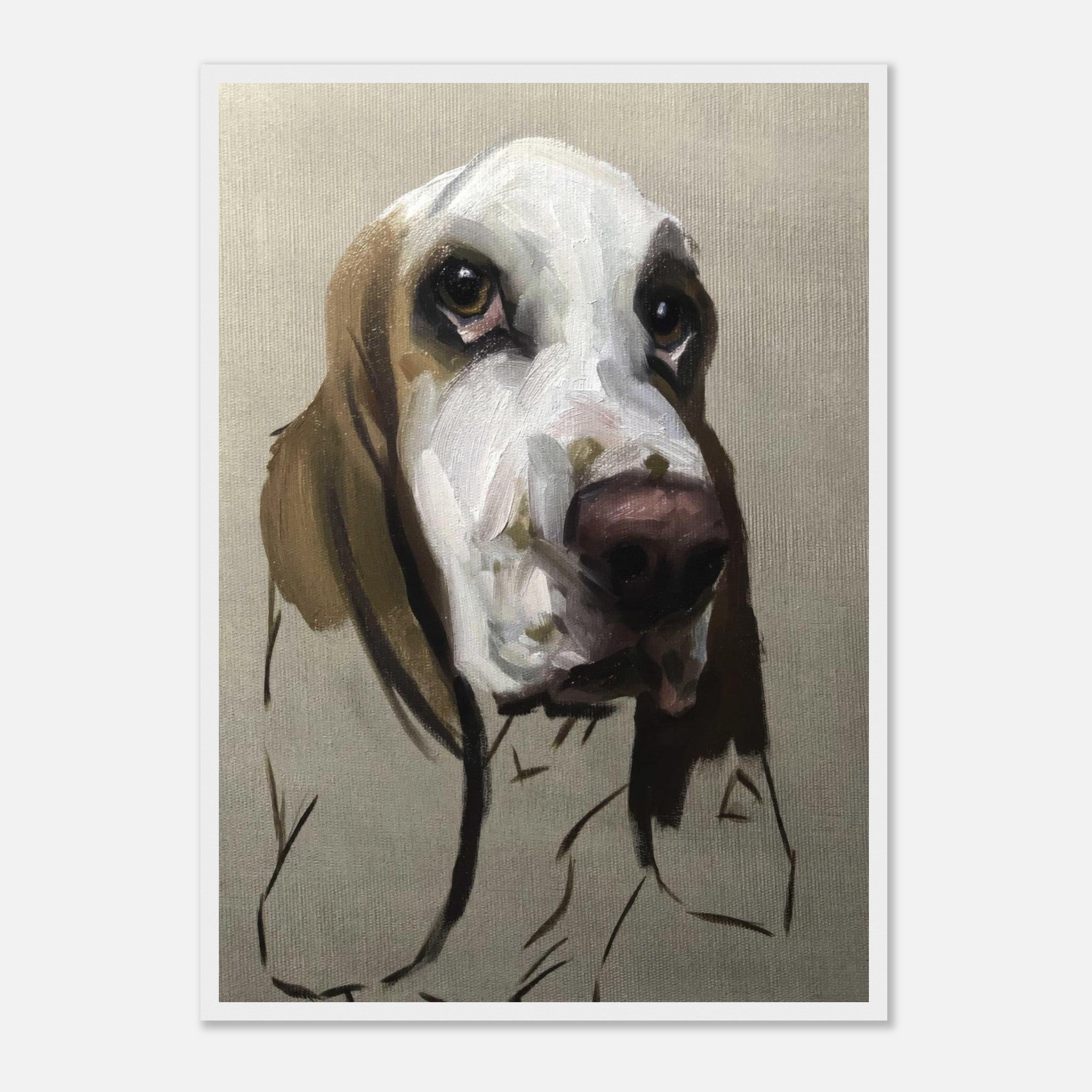 Basset Hound dog painting in earthy tones, showcasing expressive features and soulful eyes, beautifully framed.